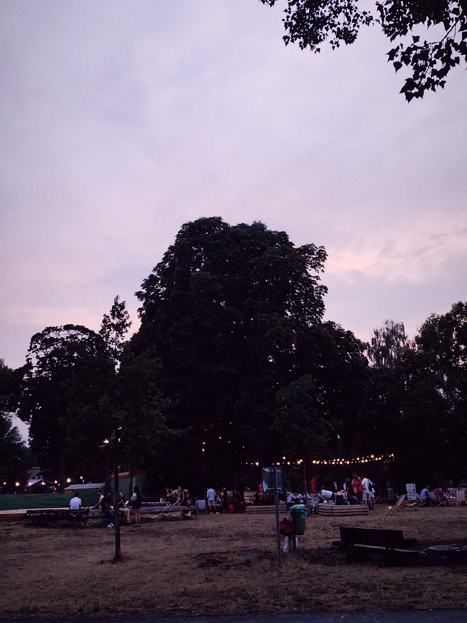 The image depicts an outdoor gathering at dusk, likely in Prague, Czechia, given the visual cues of a European urban park setting. A large, dark tree dominates the center of the frame, silhouetted against a pale purple and pink sky. String lights are visible in the background, illuminating a gathering of people seated on wooden structures and scattered chairs. The ground is covered in dry grass and dirt. Several individuals are visible, some standing and others sitting, appearing engaged in conversation or relaxation. The atmosphere suggests a casual social event, possibly a picnic or an outdoor bar. The lighting indicates the transition from daylight to evening, with artificial lights beginning to provide illumination.
