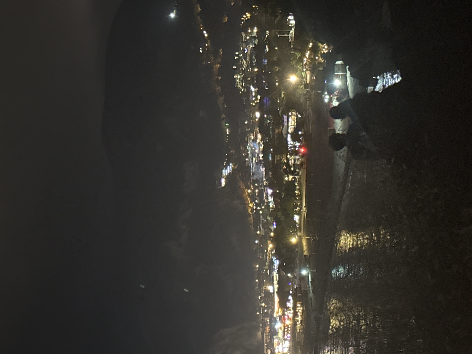 This nighttime image captures a panoramic view of the city of Fethiye, Turkey, from an elevated vantage point. In the immediate foreground, a dark, unlit hillside or natural terrain is present. Two individuals are visible in silhouette, positioned in the lower right, appearing to be seated or leaning, facing the illuminated city and water. One individual's hands or an object they hold reflects a small, bright point of light.
The midground features a body of water, likely Fethiye Bay, covered in numerous elongated reflections of the city lights, suggesting a gently textured or rippled surface. Beyond the water, the coastal city of Fethiye stretches across the scene, densely illuminated by a multitude of artificial lights. These lights, predominantly white and yellow with occasional hints of blue and red, delineate buildings, streets, and various establishments along the waterfront and extending into the urban area.
The background is dominated by a prominent, dark mountain range that rises directly behind the city, silhouetted against the night sky. Sparse, scattered lights are visible on the lower slopes of the mountain, indicating limited development or trails. The sky above is dark and largely featureless.