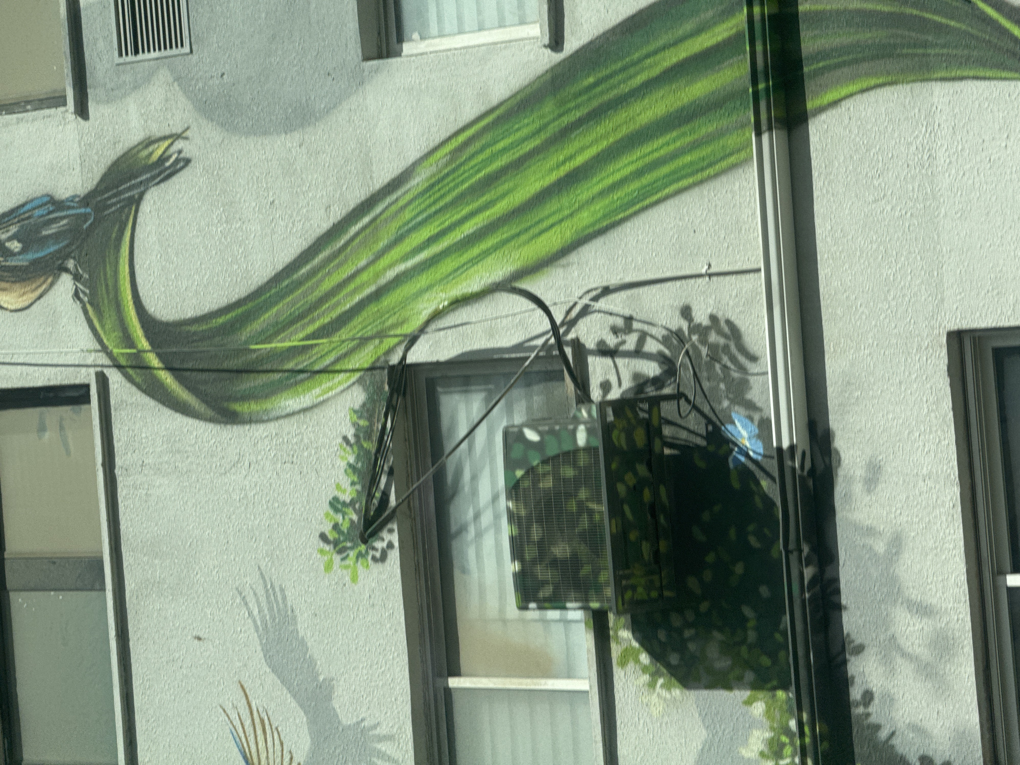 A wall with a mural is partially visible. The mural includes a bird with a green, leafy trail extending horizontally across the wall. The building appears to be residential or commercial. There are windows and a window screen visible. The scene is shadowed. There is no verifiable information to confirm the location in Tel-Aviv, Israel.