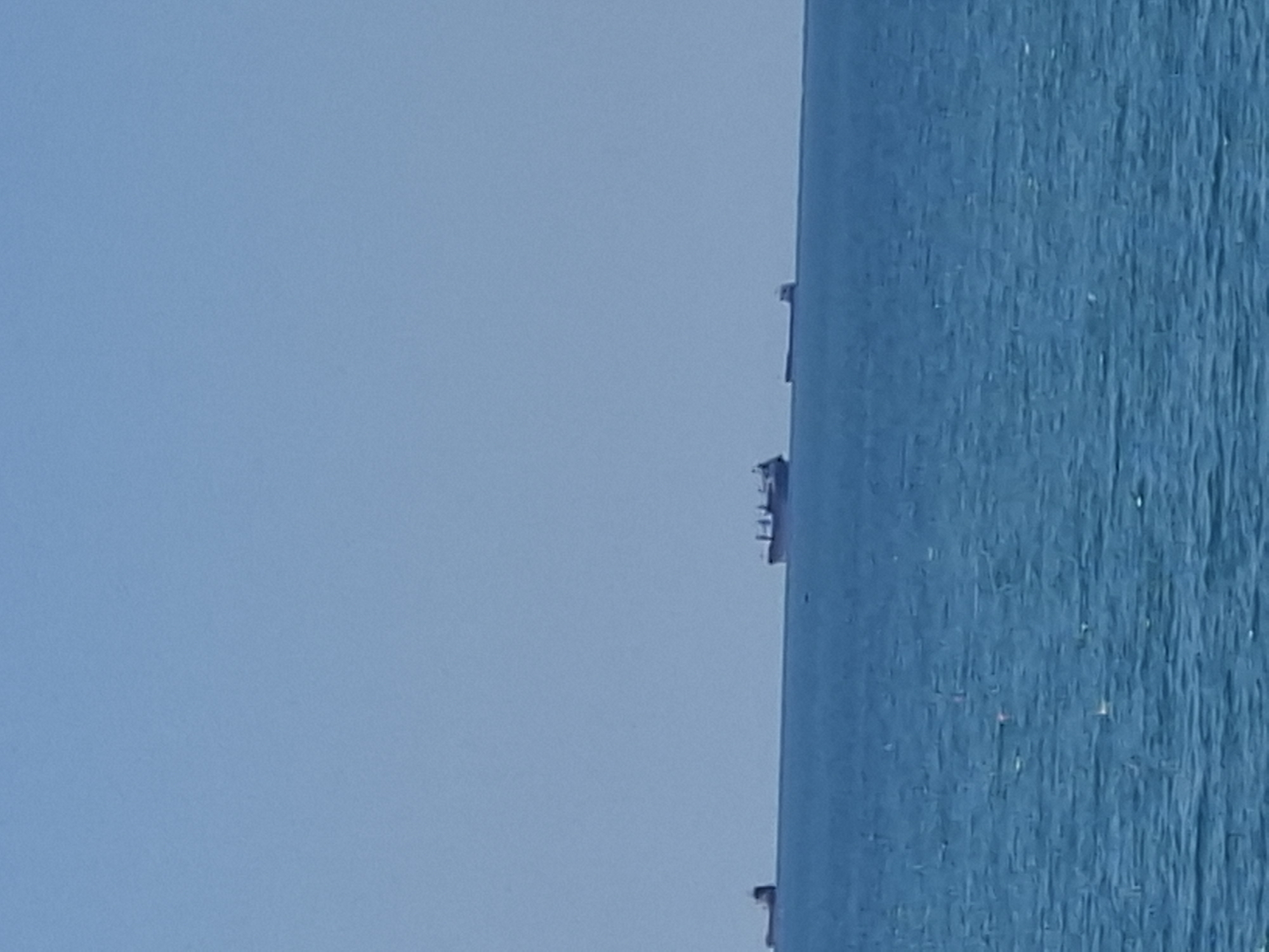 The image shows a body of water, likely the sea, with a clear blue sky. Several ships are visible in the distance on the water. The water has a textured appearance, indicating waves or ripples. The sky is a uniform light blue, suggesting a clear day. The image is oriented vertically, with the sky occupying the left side and the sea the right. The ships appear to be at anchor or moving slowly. The lighting suggests it could be daytime, possibly late morning or afternoon, given the bright conditions. There is no visible text in the image. The scene conveys a sense of calm and openness.