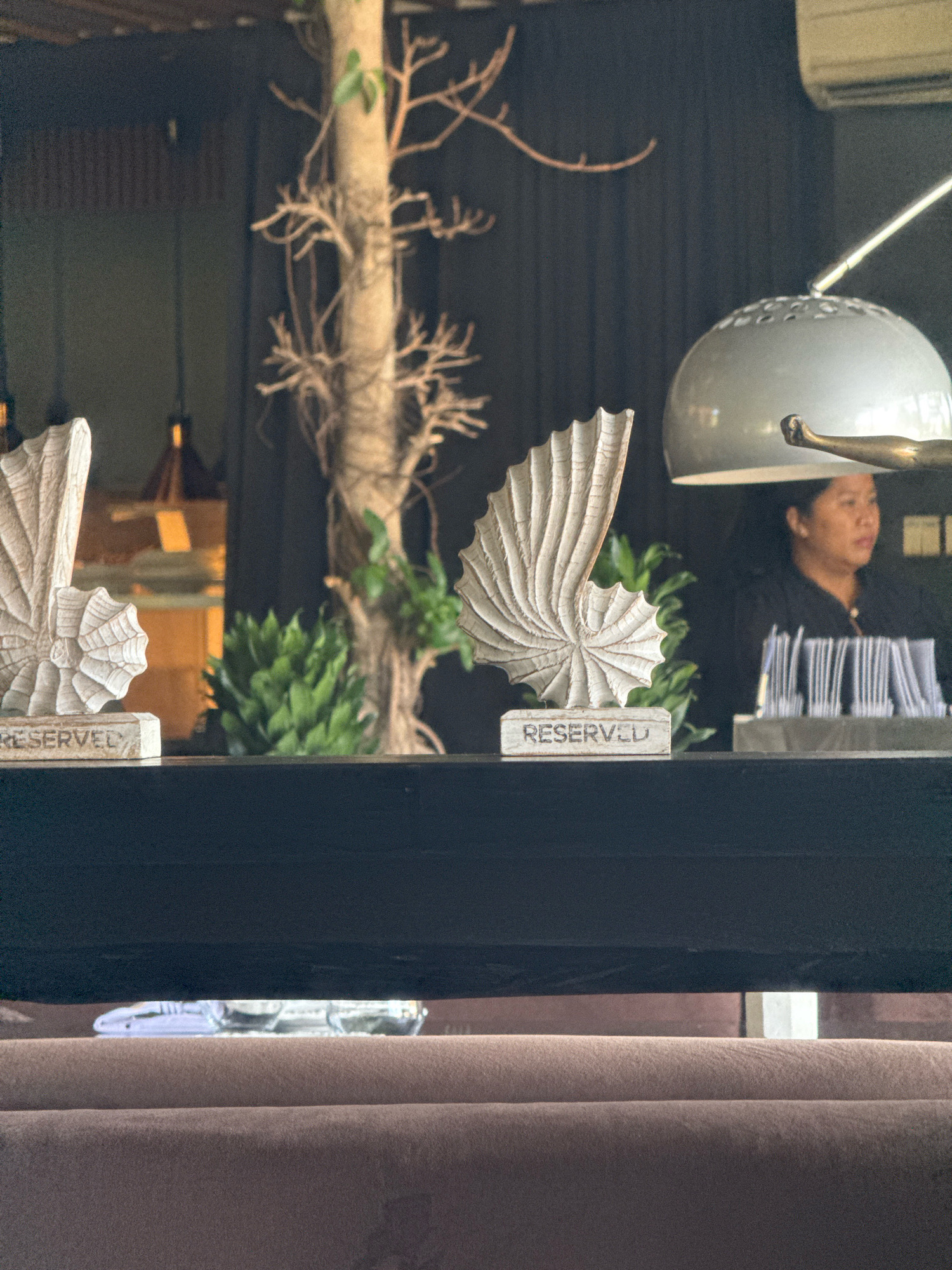 In Kuta Selatan, Indonesia, a restaurant reservation setup is captured. Two decorative, off-white, shell-shaped objects, each mounted on a wooden block with "RESERVED" inscribed on it, are prominently displayed on a dark surface. Behind them, a bare tree trunk with branches extends upwards, interspersed with lush green foliage. A woman, partially visible and out of focus, stands in the background wearing a dark top, with a stack of white rectangular items, possibly menus or coasters, placed on a grey surface in front of her. A dome-shaped light fixture with decorative perforations hangs above. The scene suggests an indoor dining area, with hints of ambient lighting from lamps and a possible air conditioning unit visible. The foreground is occupied by the edge of a plush brown seating area.