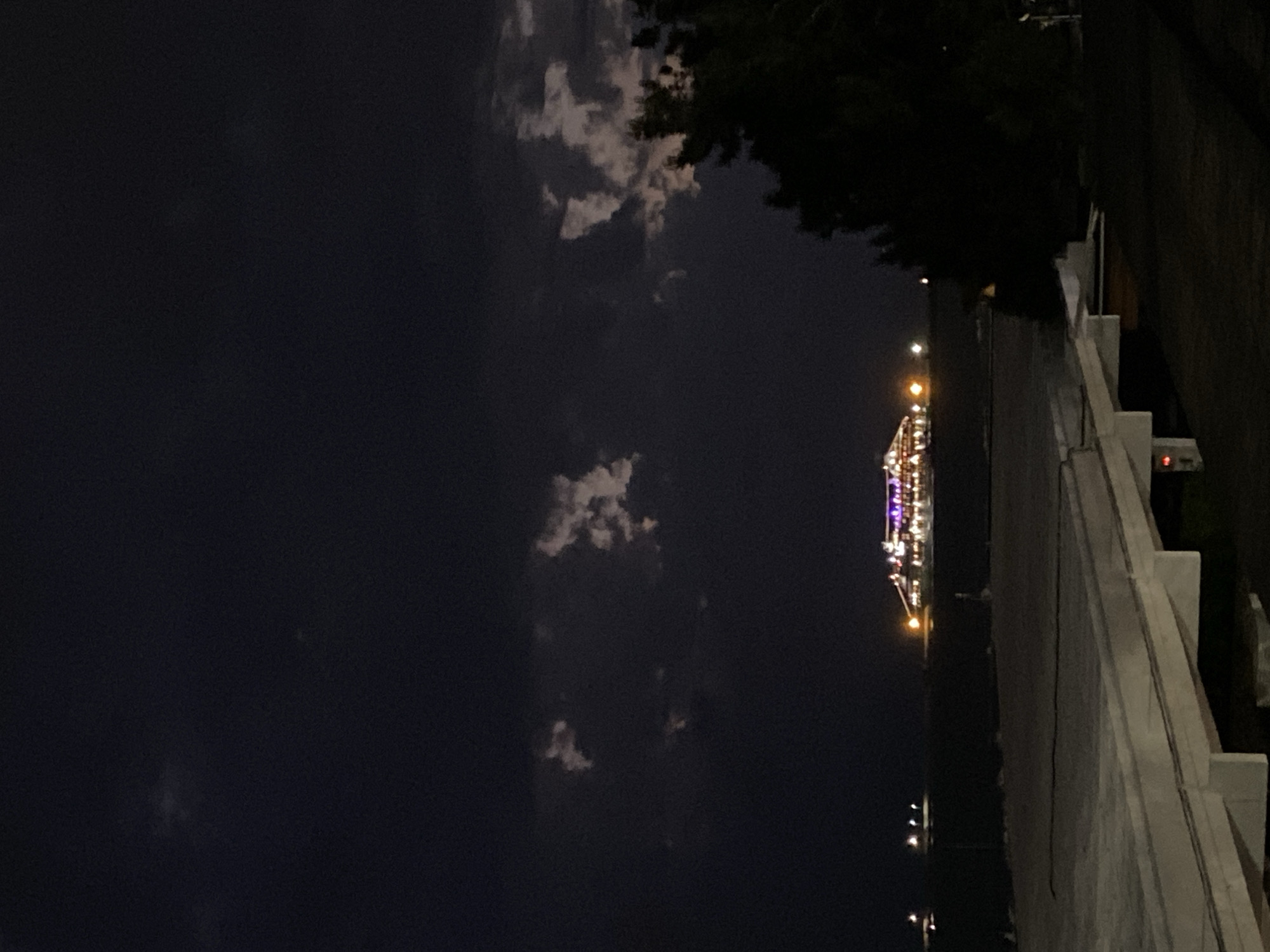The image shows a night scene, likely taken in Sochi, Russia, based on visual elements. A body of water, possibly the Black Sea, is visible in the middle. A brightly lit structure is present on the water, appearing like a boat or platform with colorful illumination. A wall runs along the right side of the image. In the upper part of the photo, there is a dark sky with some clouds, and silhouettes of trees. The overall setting suggests a waterfront area in Sochi.