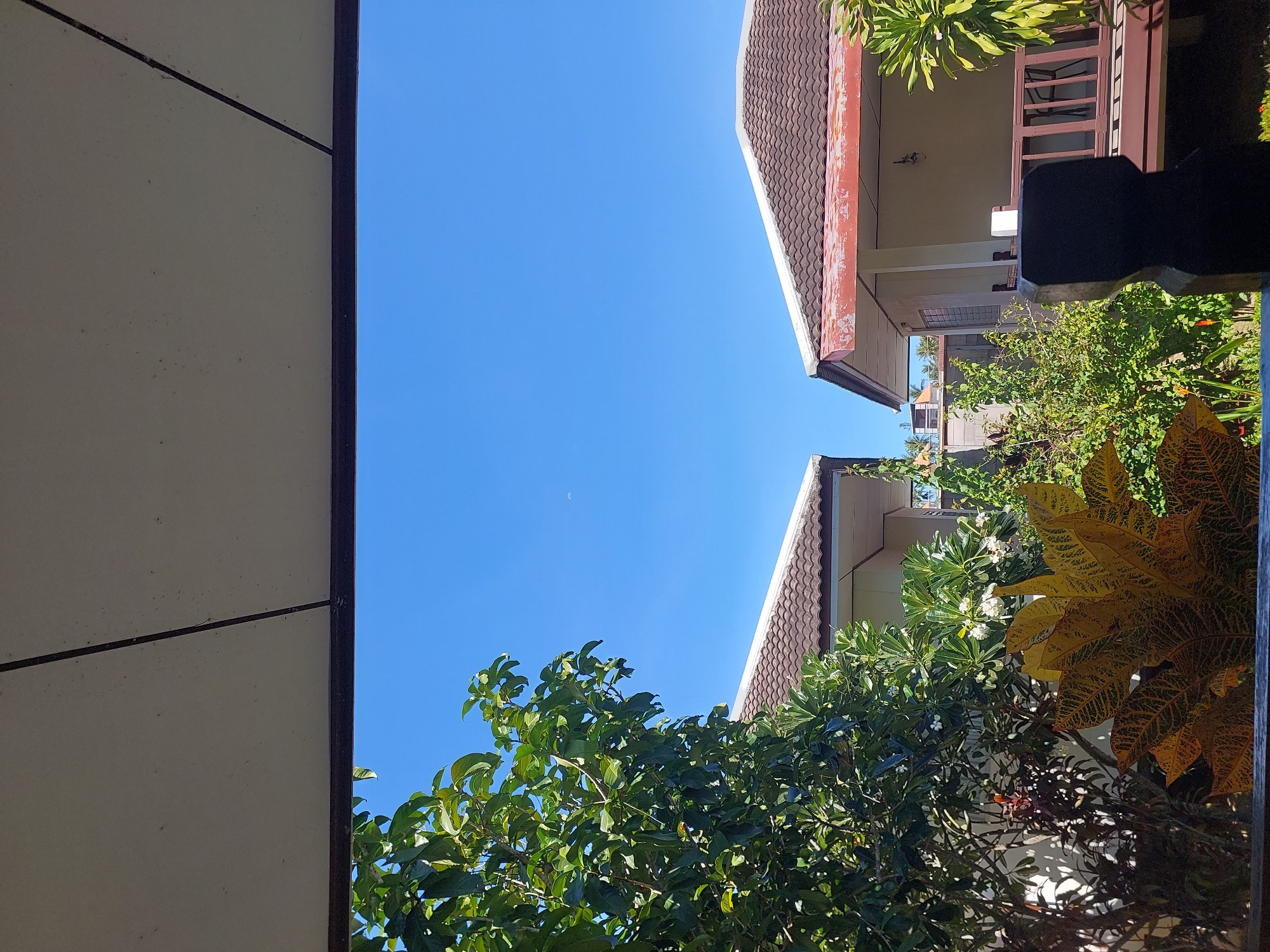 A wide shot of two bungalows nestled between lush greenery under a clear blue sky. The bungalows have tiled roofs and cream-colored walls. In the foreground, a dark wooden railing is visible, along with a black, blocky object. A variety of plants, including trees with broad green leaves and colorful foliage, frame the scene. The shot appears to be taken from a covered porch or balcony, with the edge of a roof or overhang visible at the top of the frame. The overall impression is one of a tranquil, tropical setting.
