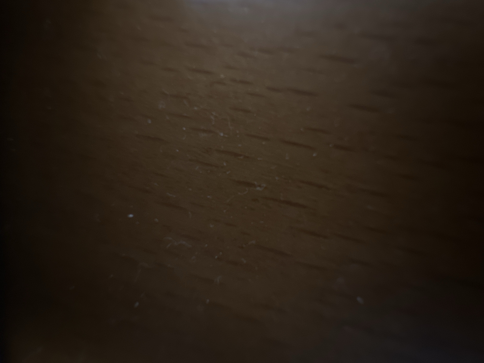 The image depicts a close-up view of a dark brown, wooden surface, possibly a table or floor, with visible wood grain. There are several small, scattered white specks, which could be dust or light reflections. The lighting is dim, with a gradient from darker on the left to slightly brighter on the right. No specific location within Belgrade, Serbia, can be identified from this image. There are no people, objects, actions, or interactions depicted.
