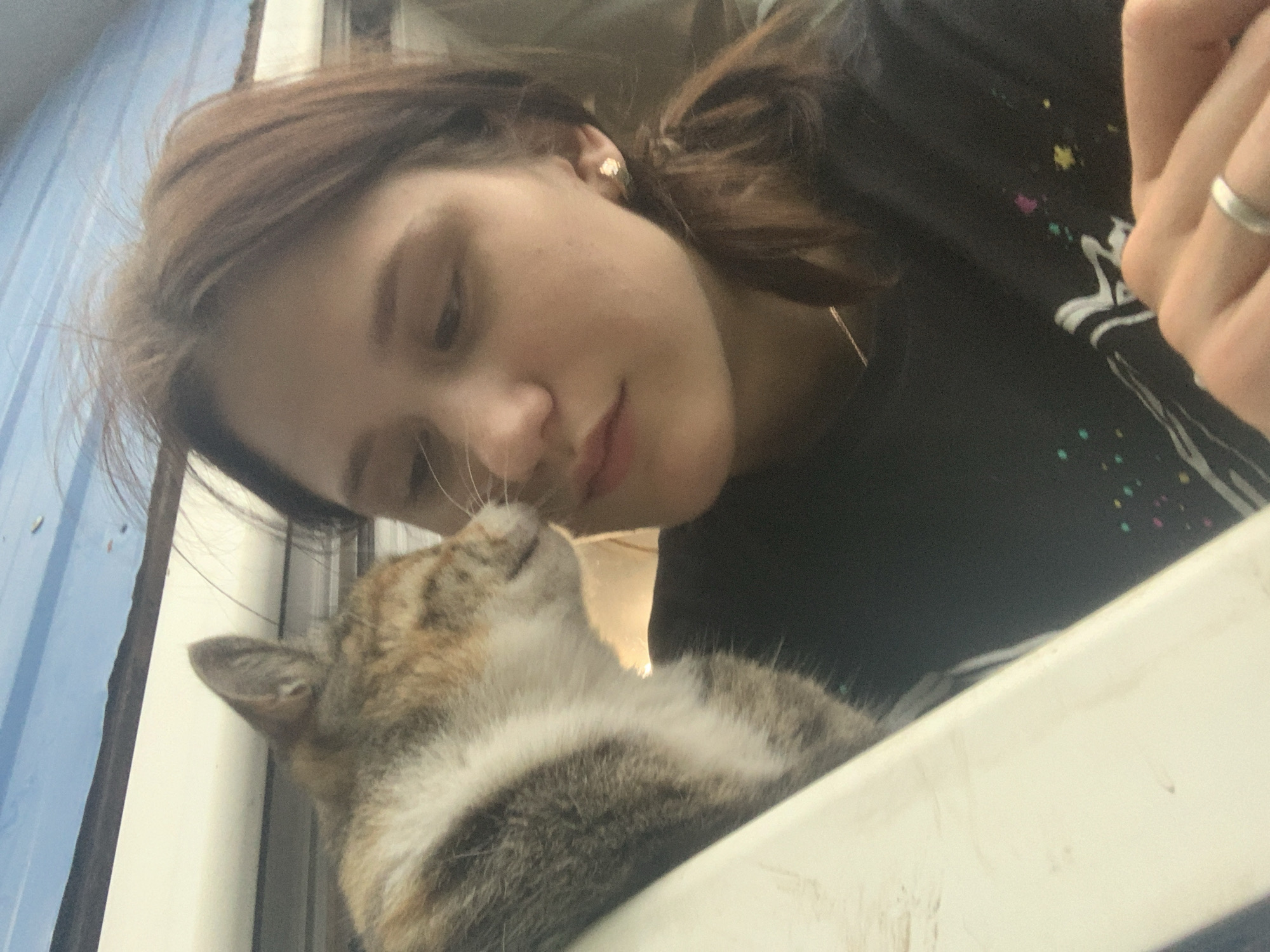 In this close-up, low-angle shot, a young woman leans down to nuzzle her cat. The woman has light brown hair pulled back in a ponytail and is wearing a black t-shirt with colorful speckles. She has a small gold earring in her left ear and a silver ring on her right ring finger. Her eyes are closed, and her lips are slightly parted as she connects with her pet.
The cat, with its distinctive tabby markings of brown, grey, and white, is positioned slightly below and to the left of the woman's face. Its eyes are also closed, and its nose is touching the woman's nose, indicating an affectionate moment. The cat's fur appears soft and fluffy.
The background is blurred, but hints of the setting can be discerned. To the left, there is a blue, corrugated surface, possibly an outdoor wall or structure. To the right, a light-colored, possibly white, ledge or surface is visible, upon which the cat seems to be resting. The lighting suggests it is daytime, likely outdoors, with natural light illuminating the subjects. The overall mood of the image is tender and intimate, capturing a shared moment of affection between the woman and her cat. No text is visible in the image.