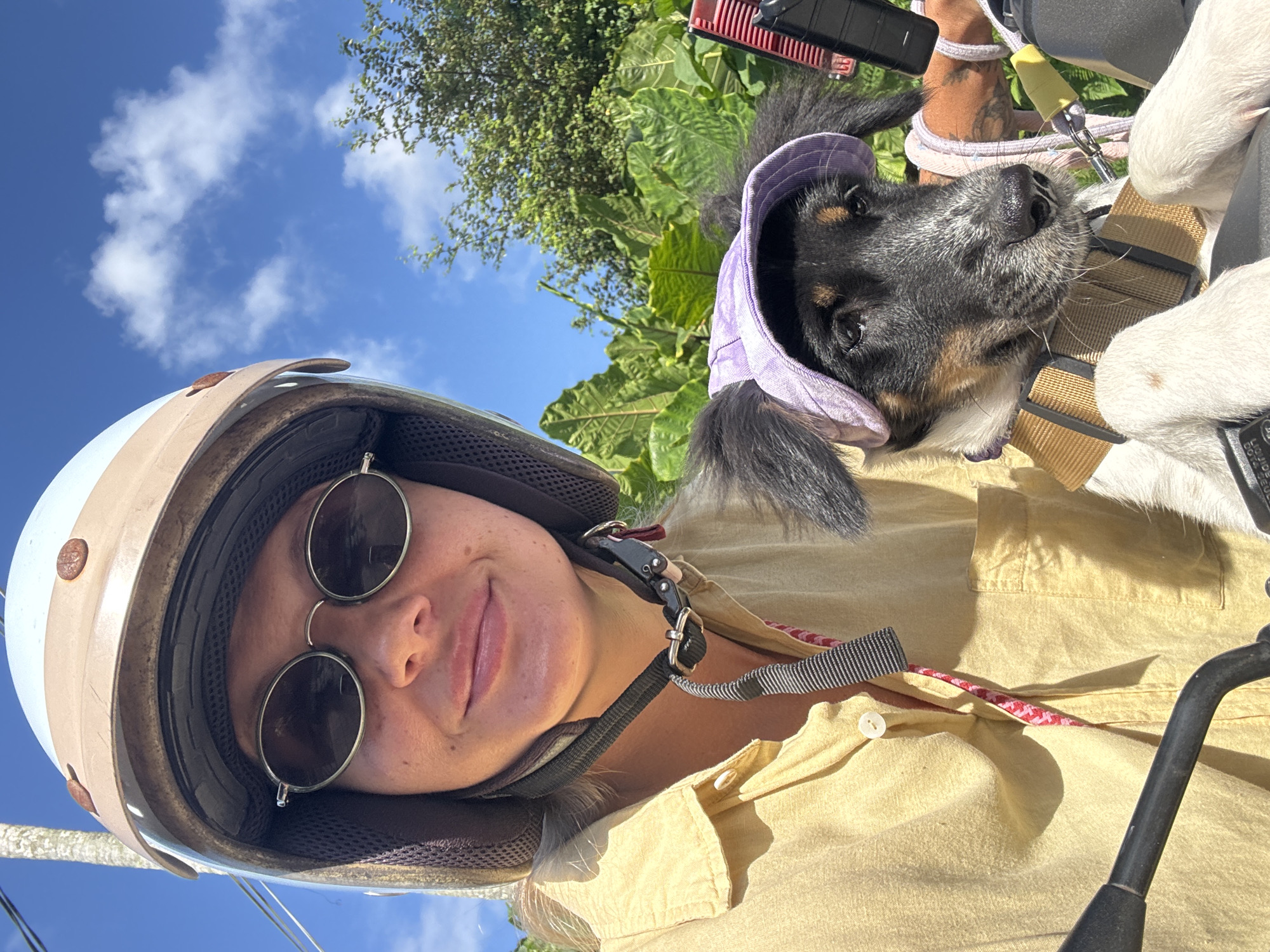 A medium close-up shot shows a woman wearing a helmet and sunglasses, taking a selfie on a scooter. Beside her sits a dog wearing a purple hood. The location is Kuta Selatan, Indonesia, as indicated by the scooter, and the tropical vegetation in the background.