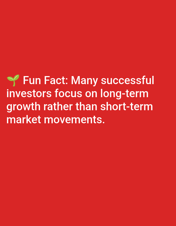 The image contains text on a red background. The text reads: "🌱 Fun Fact: Many successful investors focus on long-term growth rather than short-term market movements." There is no depiction of Lagos, Nigeria, or any city. The image is a static graphic with text and an emoji.