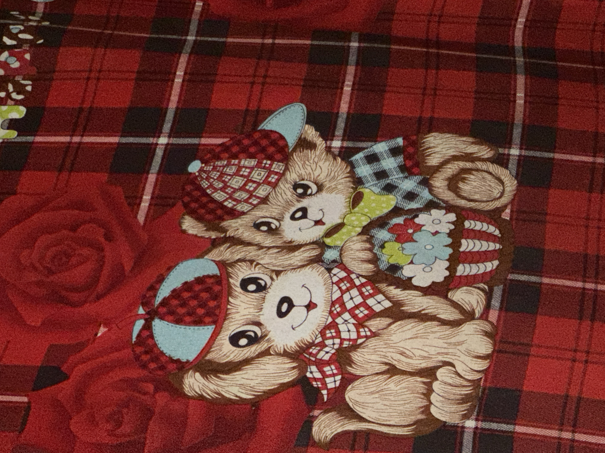 The image shows a close-up of a red and black plaid fabric, likely a blanket or clothing item. A cartoon illustration of a dog and a bear is printed on the fabric. The dog is on the left, wearing a red and blue plaid cap and a red and white checkered bandana. The bear is on the right, also wearing a red and blue plaid cap and a light blue and black plaid shirt with a yellow polka-dot bow tie. The bear is holding a basket filled with colorful cartoon flowers. The background of the illustration features two stylized red roses. There is no information in the image to suggest a location in the city of Thbong, Cambodia.