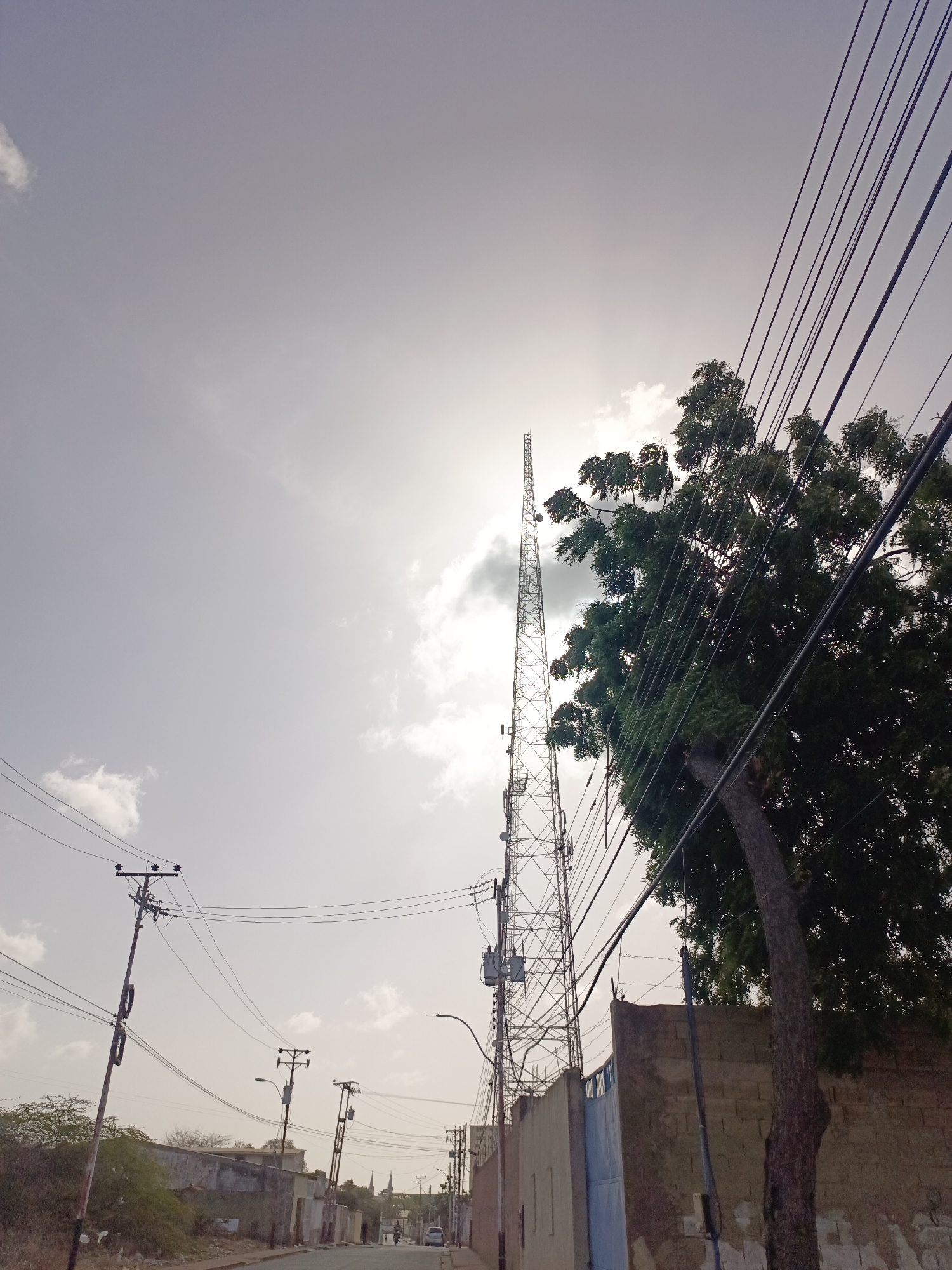 This image shows a street in Juan Griego, Venezuela. The sky is overcast with the sun obscured by clouds. A tall communications tower dominates the view. To the right of the tower is a large tree with dense foliage. Power lines run across the street, intersecting the tower and the tree. Along the street are utility poles, buildings constructed of concrete blocks, and a few distant vehicles. The street appears empty of pedestrians. The scene is bathed in a muted, diffused light.