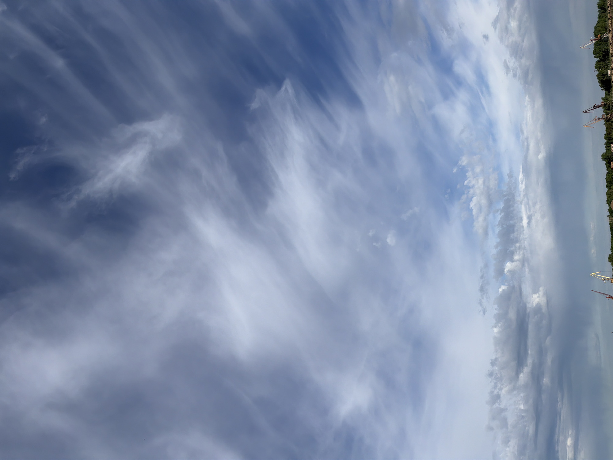 The image captures a daytime sky over Noviy, Russia. Predominantly, the view is of various types of clouds against a blue sky. On the right edge, there's a glimpse of land with trees, and a few construction cranes. The sky dominates the image, with the clouds appearing wispy and streaky in some areas, and more cumuliform in others.