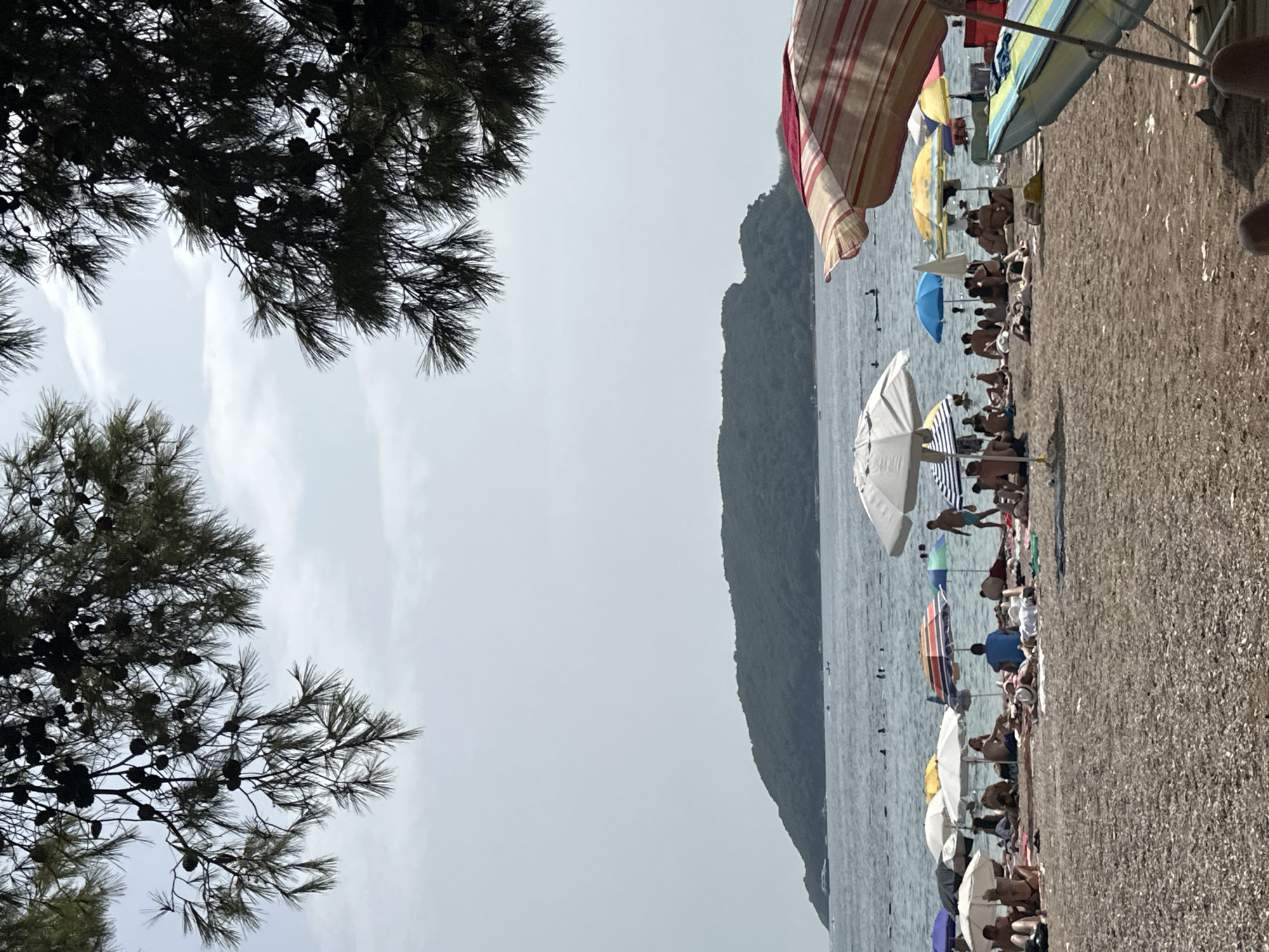 This is a photograph of a crowded beach in Budva, Montenegro, viewed from the perspective of someone sitting on the pebbles. The foreground is dominated by the pebbly shore, with some scattered debris. Overhead, the dark branches of pine trees with visible cones create a natural frame for the sky, which is overcast and hazy.
In the mid-ground, a wide expanse of the Adriatic Sea is visible, with a lush, green island in the distance. Several boats, including what appears to be a yacht on the far left, are scattered on the water. Along the shoreline, numerous people are sunbathing and relaxing under a variety of colorful beach umbrellas. Some individuals are in the water.
The beach is populated with many beachgoers, most of whom are seated or lying on towels and mats. The umbrellas provide shade for groups of people. The overall scene depicts a busy summer day at the beach, with a typical vacation atmosphere.