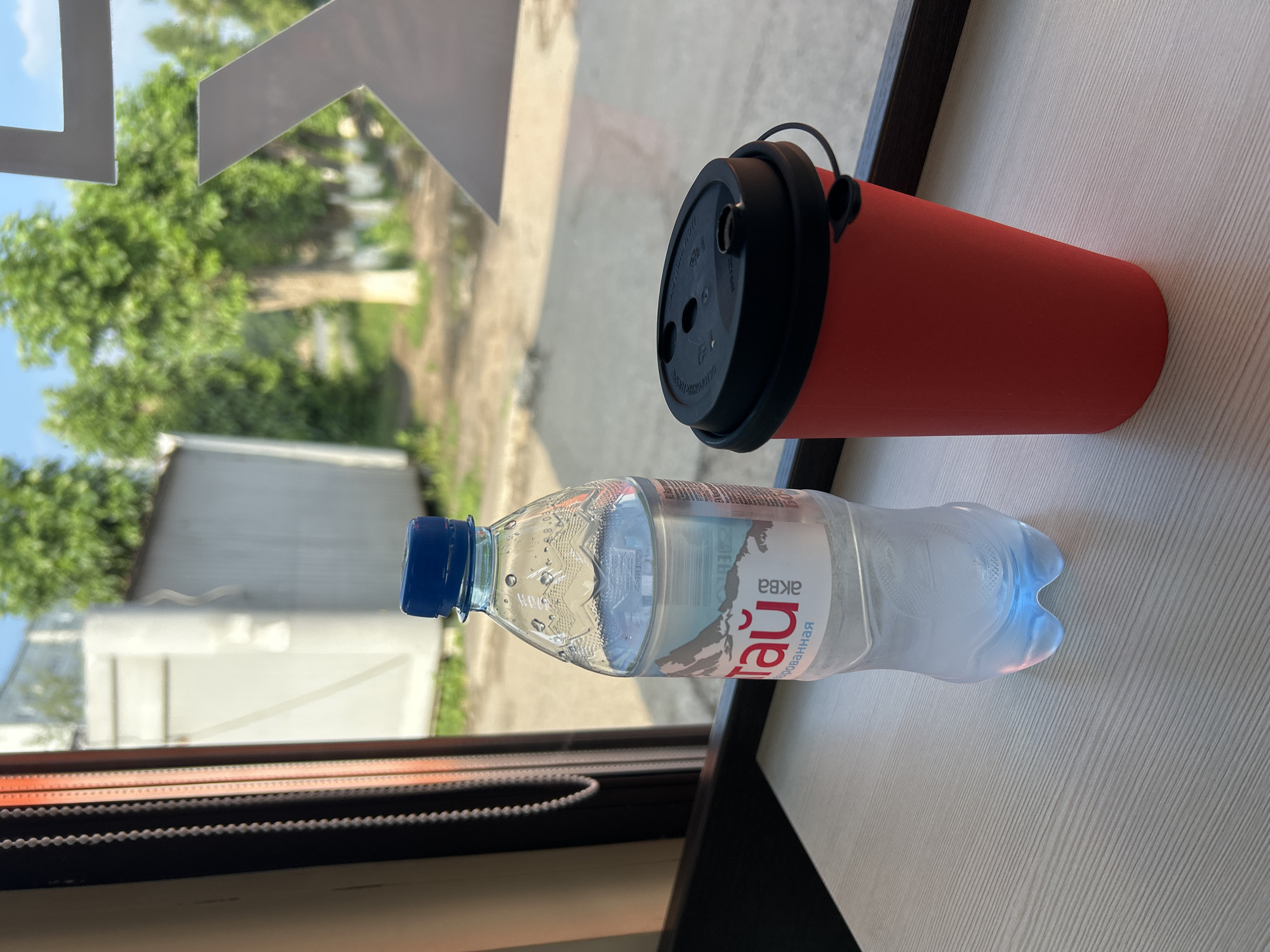 A water bottle and a red paper cup with a black lid sit on a light-colored wooden table next to a window. The bottle is clear plastic with a blue cap and a label that features mountains and red text. The red cup has a black lid with openings for drinking and a small tab. Through the window, a blurry outdoor scene is visible, including green trees, a white building, and a paved surface. The lighting suggests it is daytime, likely outdoors or in a location with ample natural light. The scene appears to be in the city of Omsk, Russia, based on the Russian text on the water bottle.