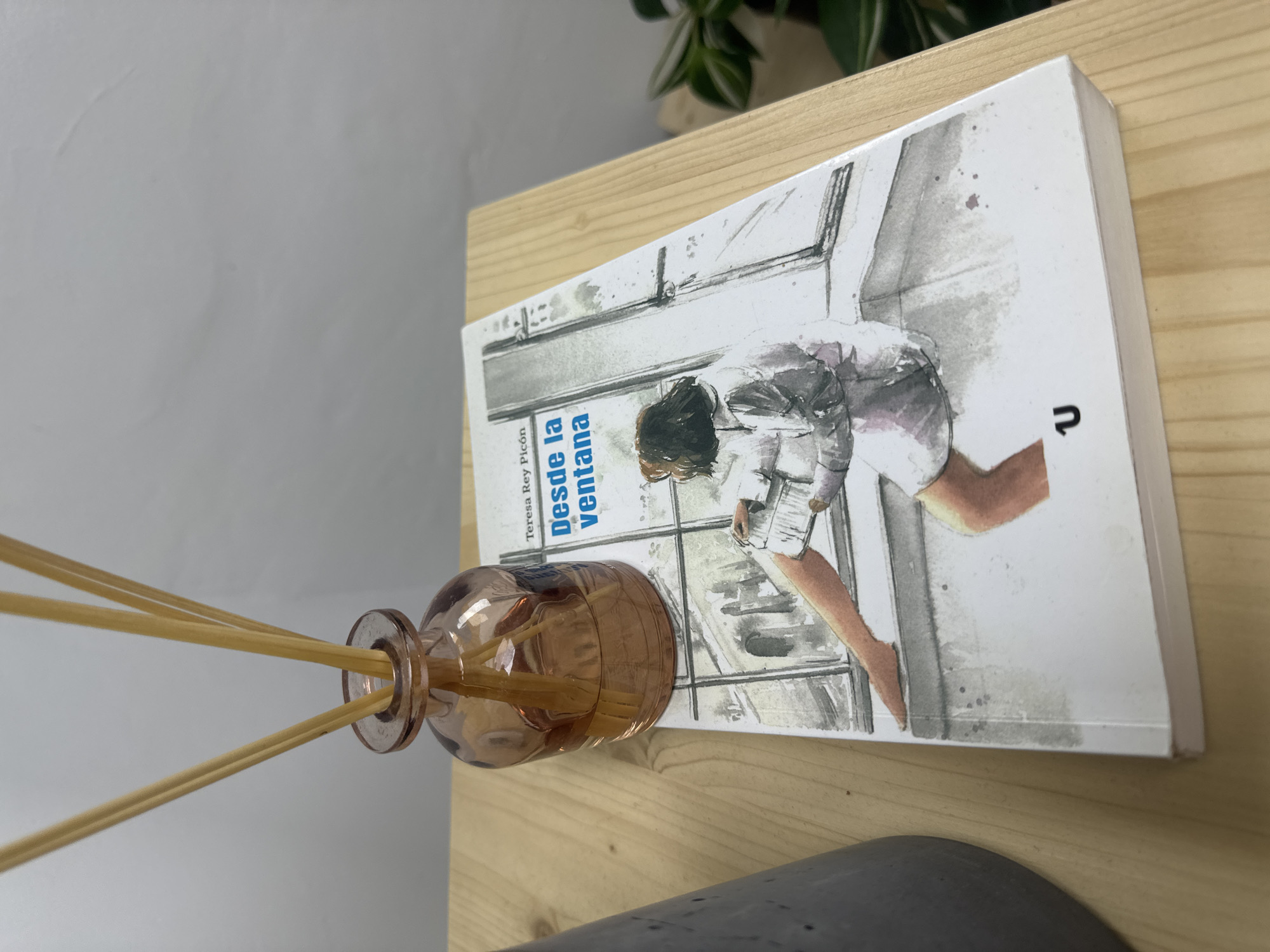 A close-up shot displays a book titled "Desde la ventana" by Teresa Rey Picón, resting on a light-colored wooden surface, possibly a table or shelf. The book's cover features a watercolor illustration of a person sitting by a window, holding a book. To the left of the book, a small, amber-colored glass diffuser with reeds is visible, containing a light-colored liquid. The background is a plain, light gray wall. The scene is static, with no apparent action or interaction between the objects. The overall impression is one of a still life, suggesting a quiet, indoor setting. The image does not provide any specific information that would allow for identification of its location within the city of Murcia, Spain.