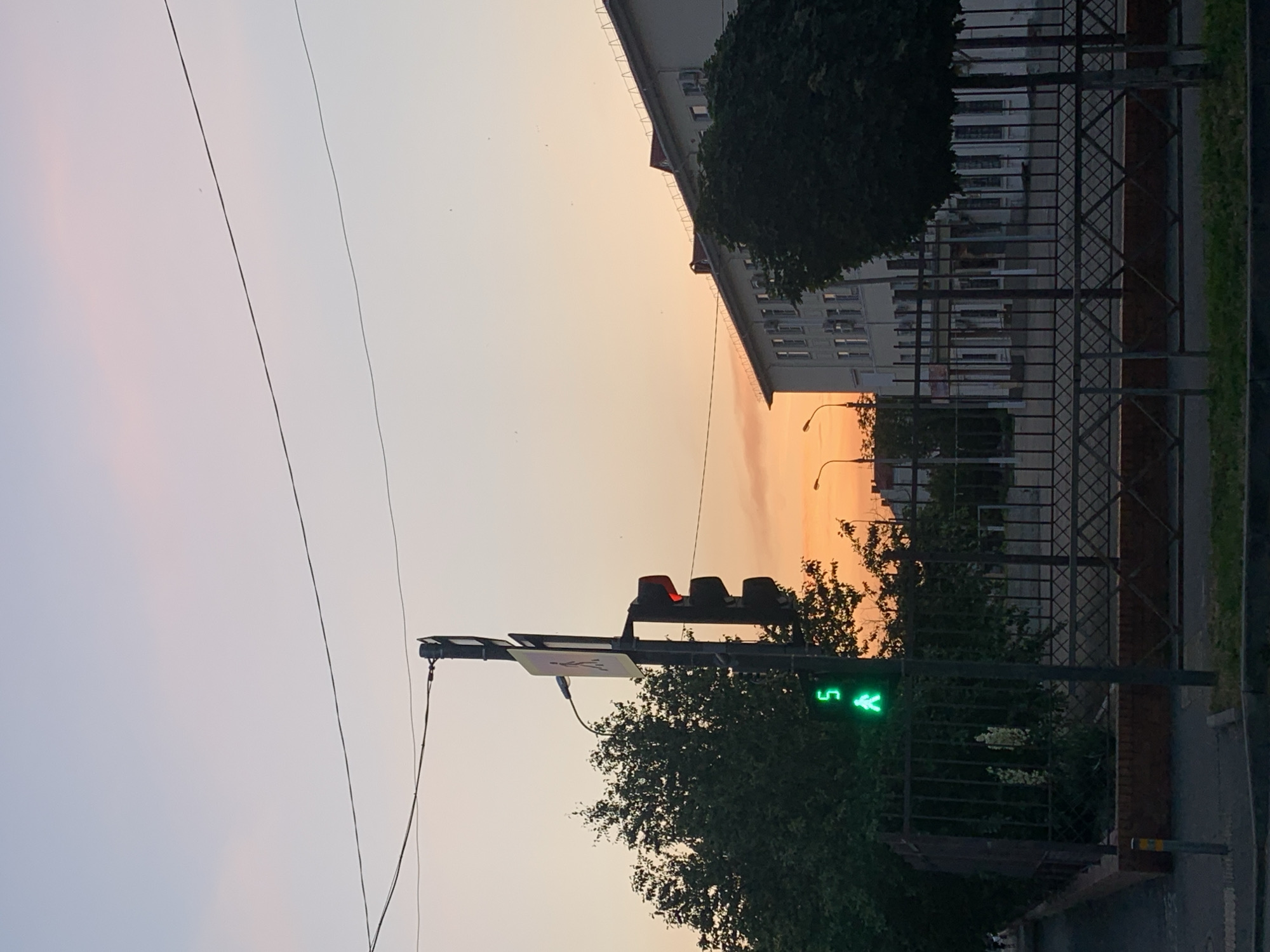 The image shows a street scene at dusk in an urban environment. A traffic light is visible, displaying a red light for vehicles and a green pedestrian signal with a countdown timer showing "5". A pedestrian crossing sign is also mounted on the traffic light pole. In the background, a multi-story building with many windows stands behind a black metal fence. Trees are scattered throughout the scene, with one particularly large, dark green tree in the foreground to the right. Power lines are strung across the sky, which is a gradient of pale blue and soft orange, indicating the setting sun. The ground in the foreground appears to be asphalt with a strip of grass.