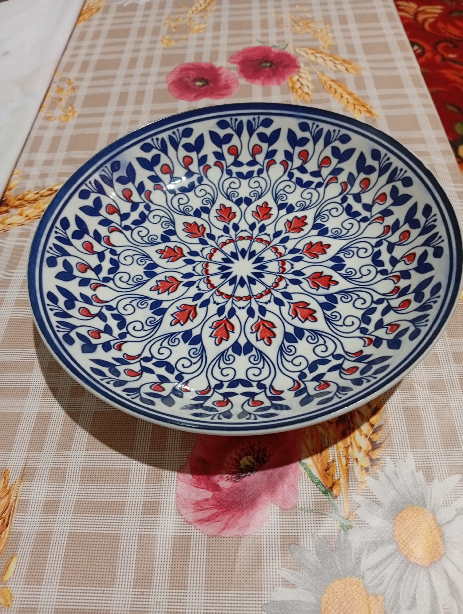 A top-down shot shows a white plate with blue and red floral patterns resting on a tan and white checkered tablecloth. The tablecloth is adorned with images of poppies and wheat stalks. The plate itself features a circular, intricate design with stylized blue leaves and small red petal-like shapes radiating from the center. The lighting suggests an indoor setting, possibly a home dining area in Seýdi, Turkmenistan, though no specific landmarks or urban features are visible to confirm the location. No people are present in the image, and the objects are stationary.