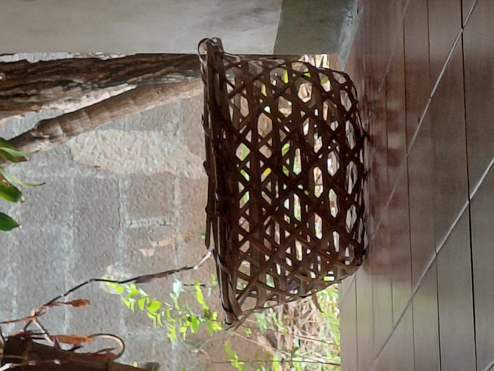 A woven basket sits on a tiled floor in front of a textured wall, with greenery and a tree trunk visible in the background. The basket is made of dark brown woven material with a diamond pattern. The floor tiles are a reddish-brown color. The wall behind the basket appears to be made of cinder blocks. A tree trunk is to the right of the basket, and green foliage is visible to the left and behind it. The scene appears to be outdoors, possibly on a porch or patio. The image has a slightly blurred quality, suggesting it was taken with a handheld camera or a phone.