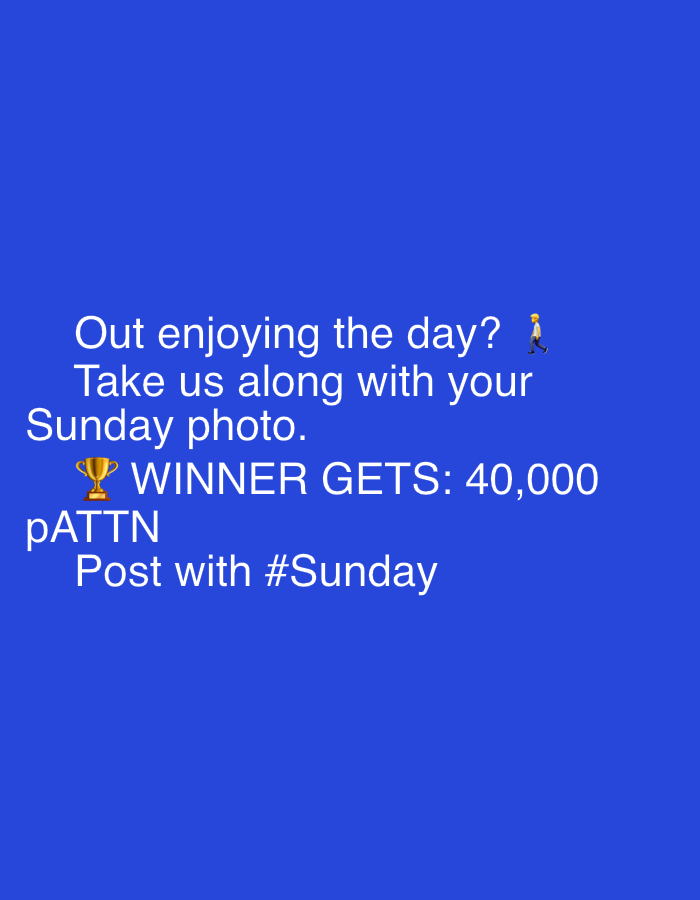 This is a screenshot of text on a blue background. The text reads: "Out enjoying the day? 🚶♀️ Take us along with your Sunday photo. 🏆 WINNER GETS: 40,000 pATTN Post with #Sunday". There is no information in the image to suggest a location in Męcina, Poland.