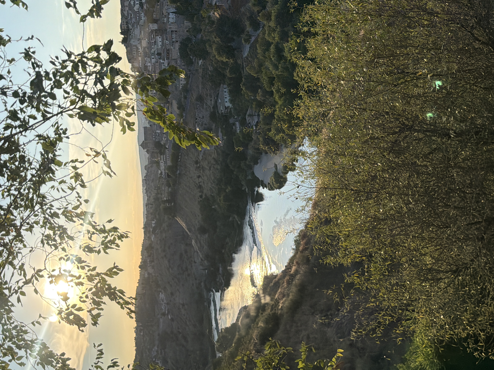 The image captures a scenic view of the Tajo River in Toledo, Spain, at sunset. The sun, partially obscured by tree branches and leaves in the foreground, casts a warm glow across the sky and water. The river winds through a valley with hilly terrain on either side, covered in vegetation. In the distance, the historic city of Toledo is visible, perched on a hill. The architecture of the city, with its stone buildings and churches, suggests a historical setting. The overall scene conveys a sense of tranquility and natural beauty, enhanced by the golden hour light.