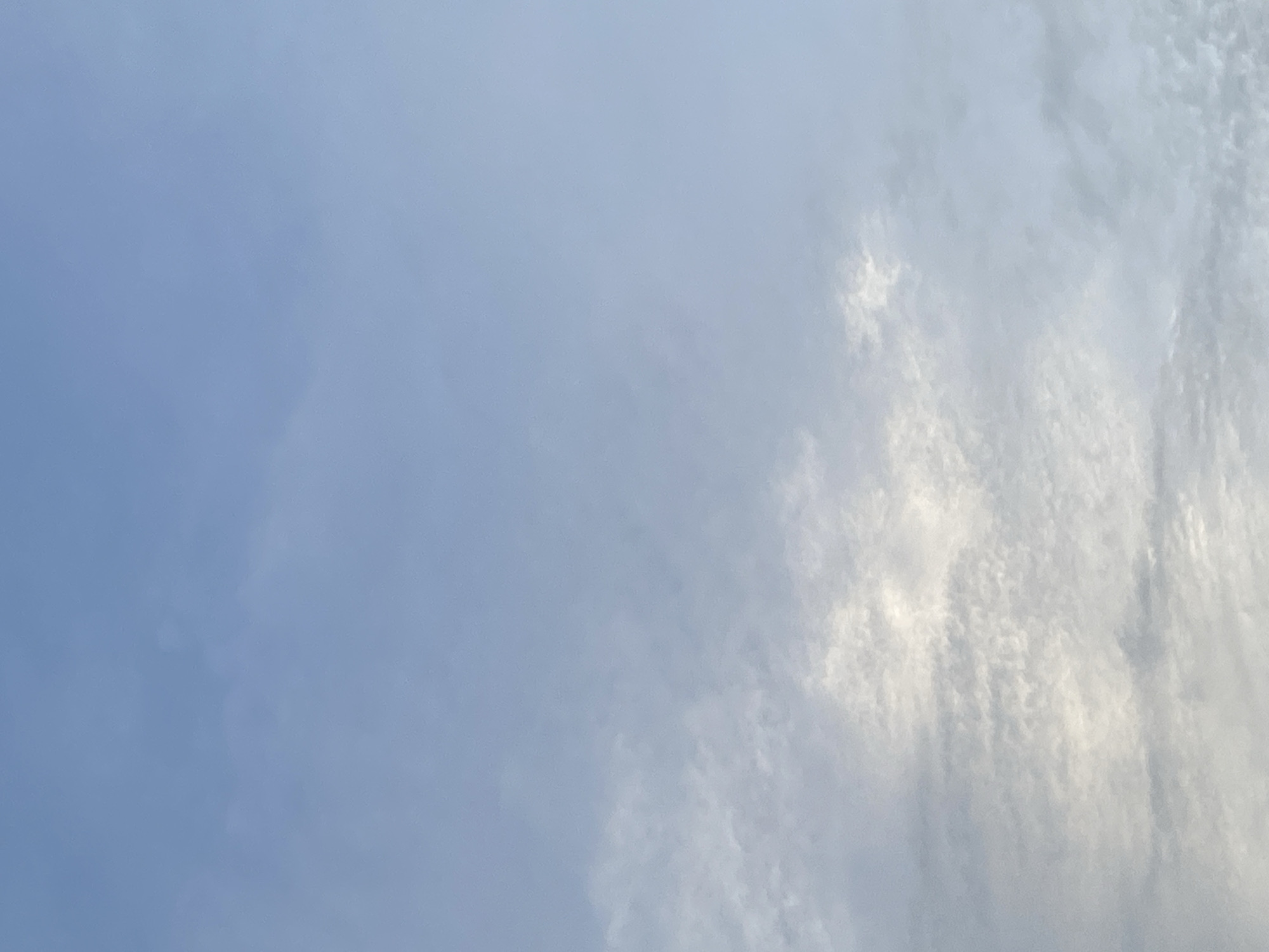 A vertical, medium shot captures a pale blue sky with thin, wispy clouds. The clouds are predominantly white and appear illuminated from behind, suggesting the sun is positioned above or behind the viewpoint. The lower half of the image contains a denser concentration of these clouds, with some areas appearing brighter where the light is most intense. The upper half of the image is mostly clear sky, with only faint traces of clouds visible. The scene is devoid of any man-made structures or living beings.