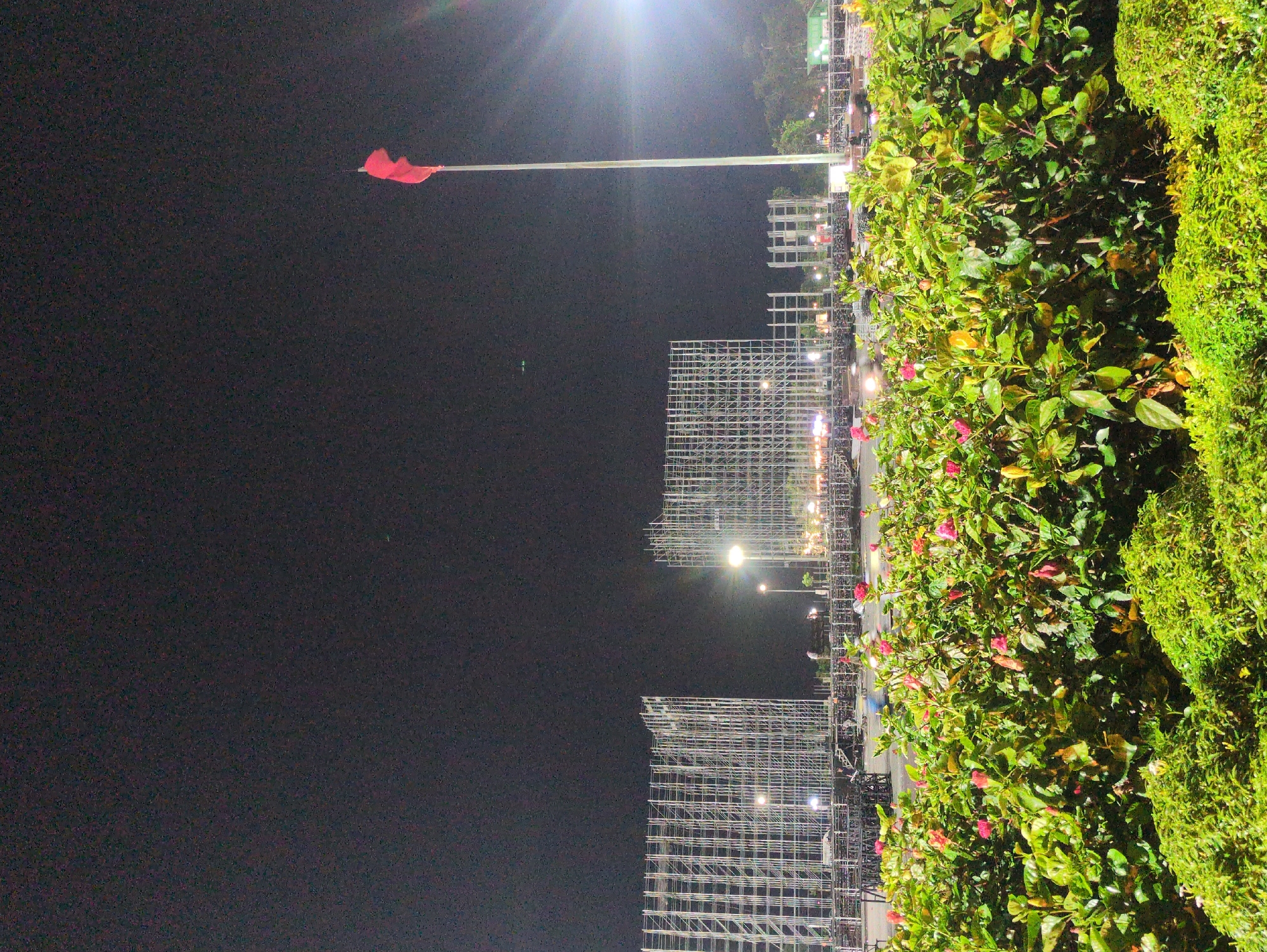 The image depicts a night scene in Quy Nhon Ward, Vietnam. A red flag is prominently displayed on a tall flagpole against a dark sky. Metal scaffolding structures stand in the background, illuminated by streetlights. Lush greenery, including bushes with red flowers, lines the right side of the frame. The overall environment suggests a public space possibly under construction or prepared for an event. No people are clearly visible in the scene.
