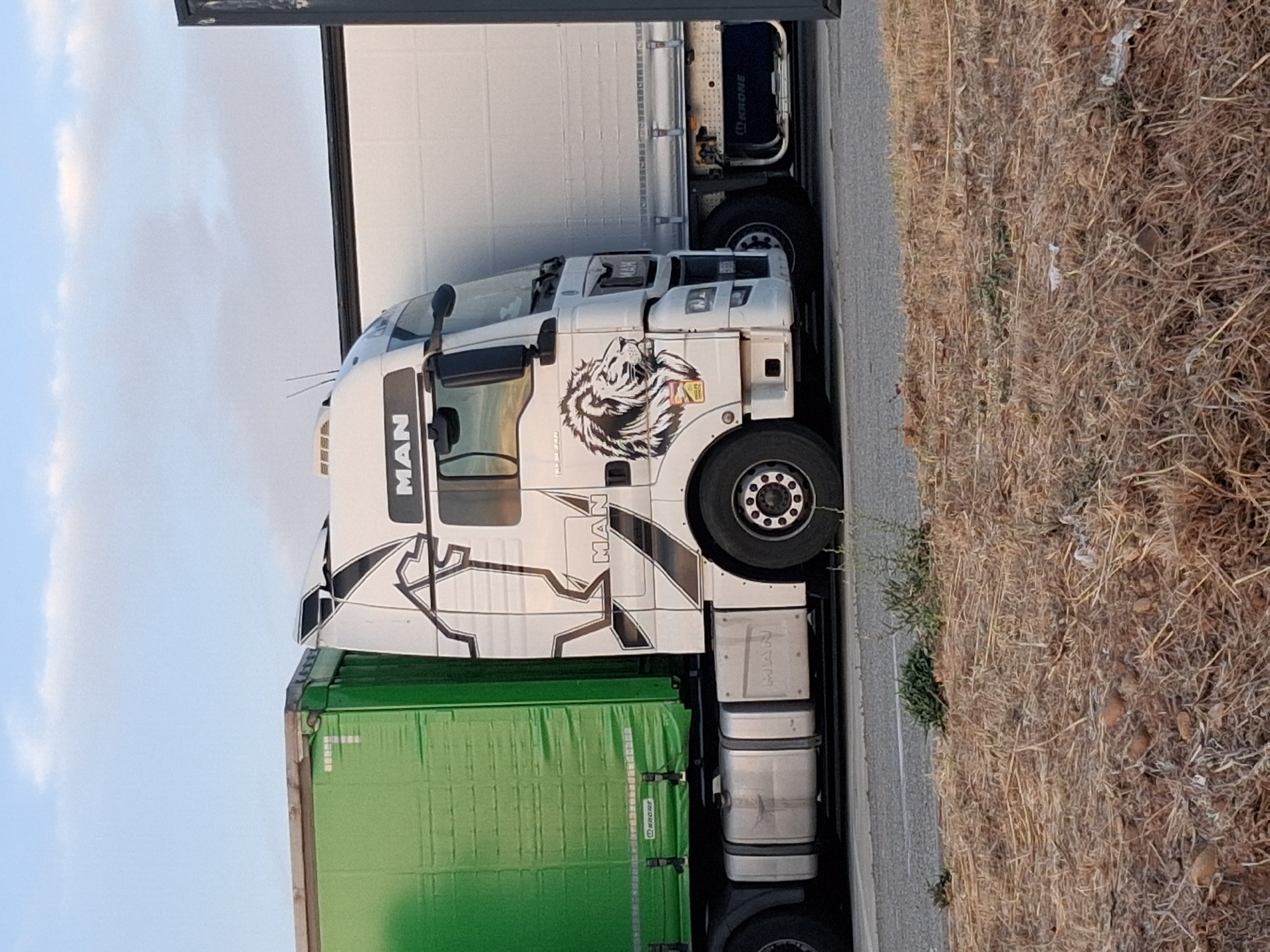 A white semi-truck with a green trailer is parked on the side of a road in Saint-Martin-de-Crau, France. The truck has a black lion graphic on its side with the word "MAN" written above it. The trailer is green and has the word "KRONE" written on it. The truck is parked next to another white trailer. The road is asphalt and there is dry grass on the side of the road. The sky is cloudy.