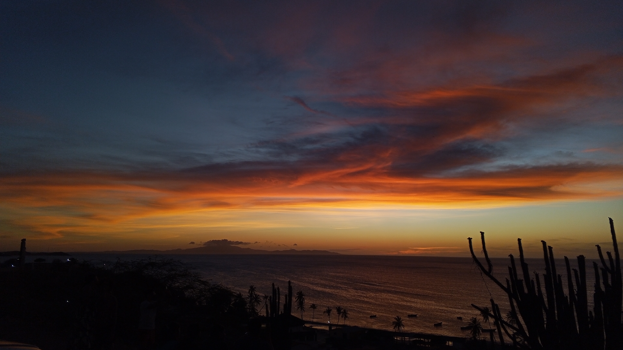 The image captures a vibrant sunset over the Caribbean Sea in Juan Griego, Venezuela. The sky is a canvas of colors, transitioning from a deep blue at the top to orange and yellow hues near the horizon. Striking cloud formations streak across the sky, colored with the reflected light of the setting sun. The water reflects the colors of the sky, with visible ripples and waves.
In the foreground, there's silhouetted vegetation, including cactus plants and what appear to be palm trees. The outline of the coastline is visible in the distance, and in the water, there are small boats. The scene is mostly dark except for the intense colors of the sunset.