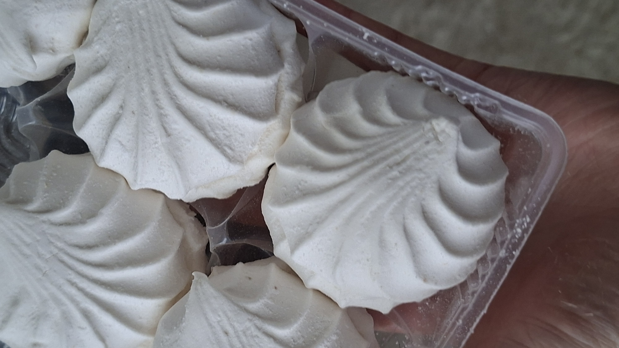 A hand holds a clear plastic container filled with white, shell-shaped pastries. The pastries have a swirl pattern pressed into their surface. The container is partially filled, with several pastries visible and possibly more underneath. The background is out of focus.