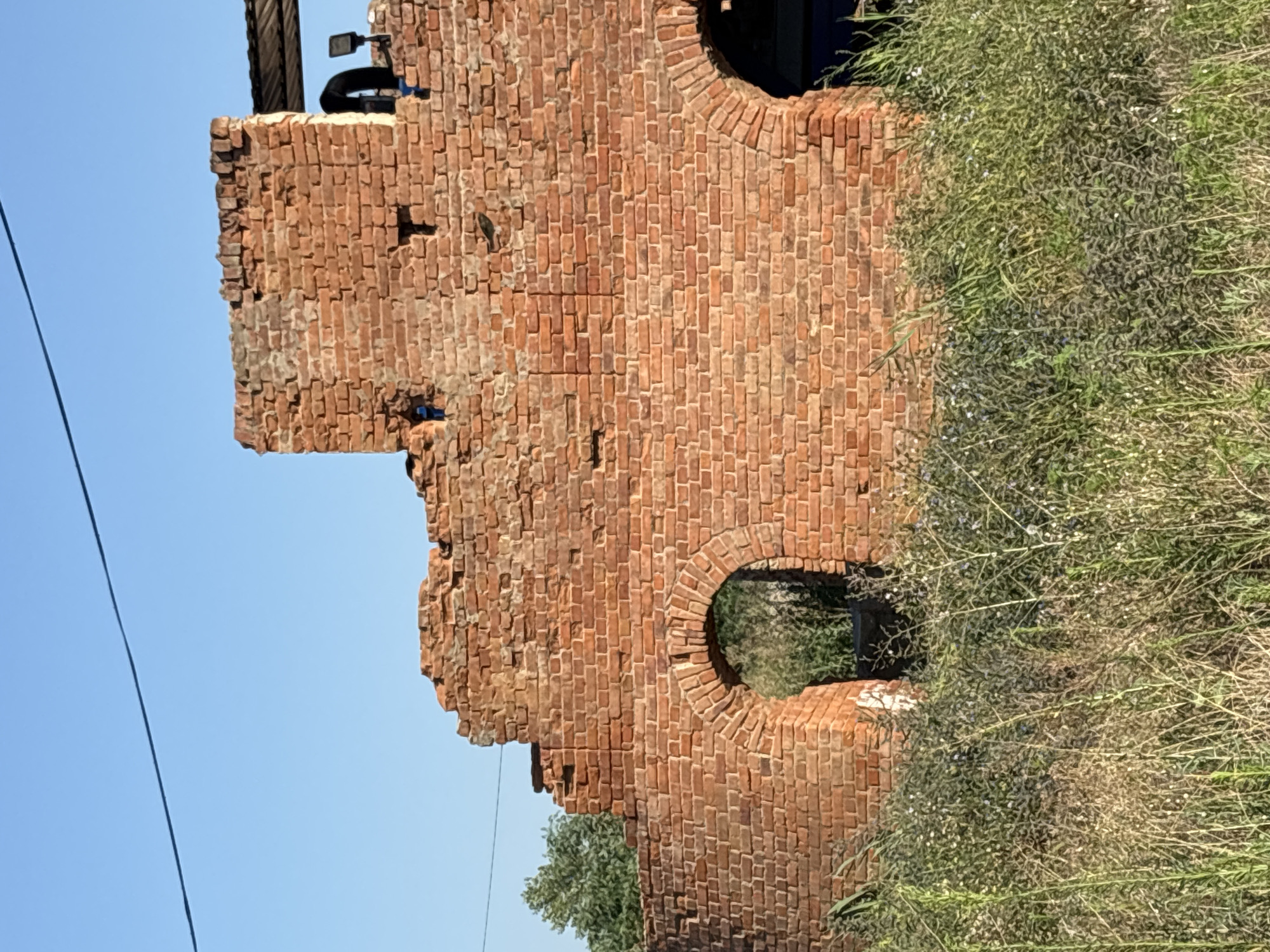 A brick building in Arkhipovskoe, Russia, stands in a state of disrepair, its weathered facade hinting at a past purpose. The clear blue sky serves as a backdrop to the crumbling structure, with a single wire stretching across the upper portion of the frame. Dense, overgrown vegetation encroaches upon the building, obscuring its base and suggesting a lack of recent maintenance. The architecture features arched openings, partially visible and hinting at a complex interior. The overall impression is one of abandonment and the slow, inexorable reclamation by nature.