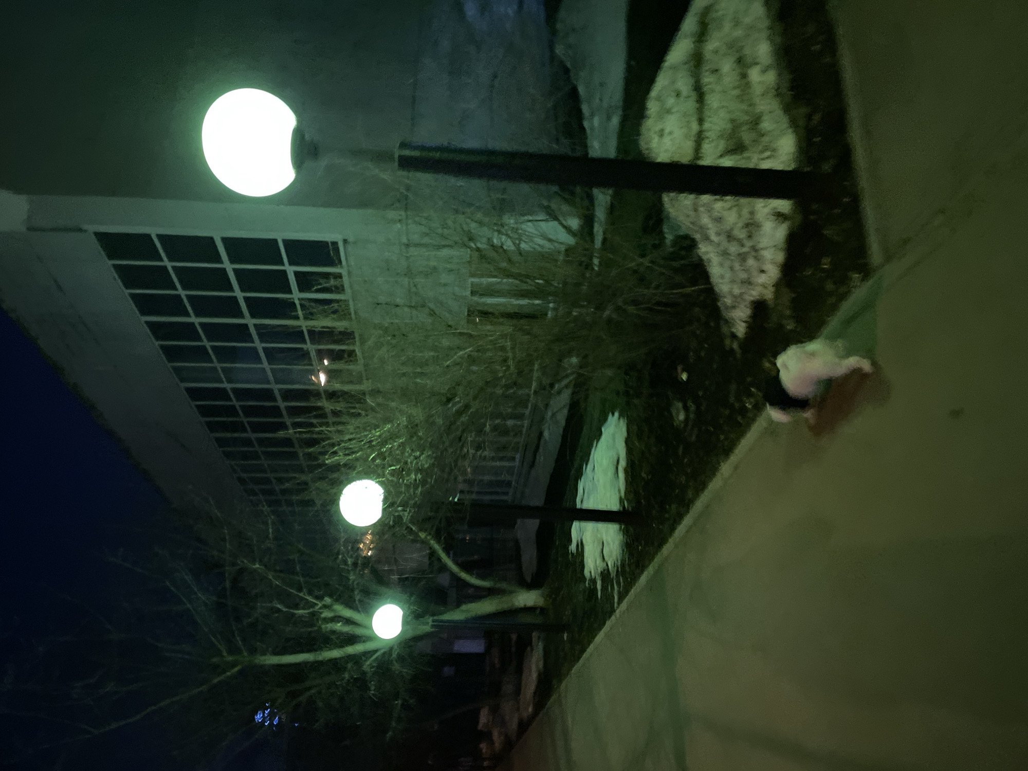 The image shows a street scene at night, likely in Yekaterinburg, Russia. Three spherical streetlights illuminate a building with grid-patterned windows and surrounding foliage. Patches of snow are visible on the ground. A sidewalk runs along the right edge of the frame, and a figure is partially visible at the edge of the image near the sidewalk.