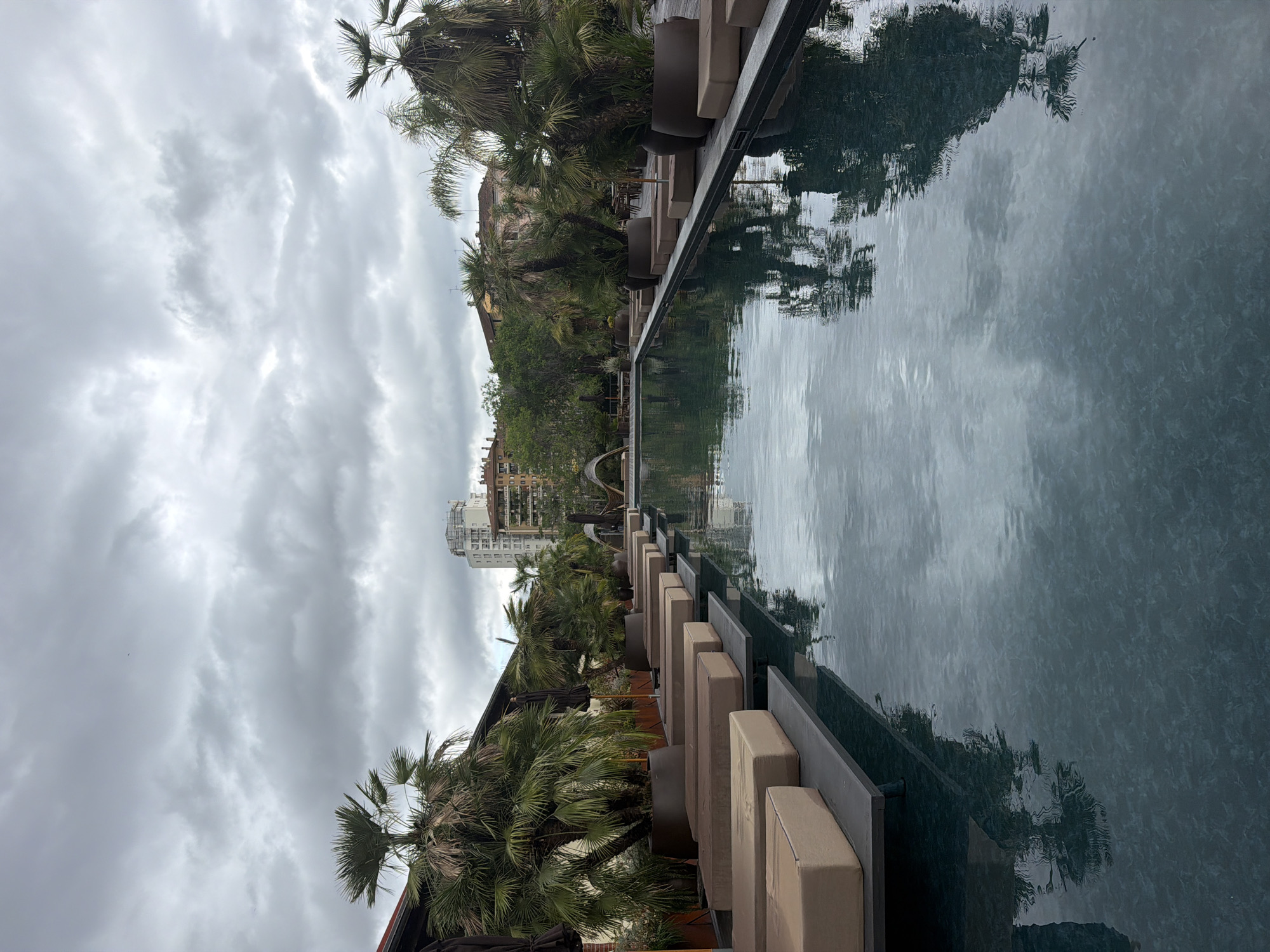 The image depicts a scene in Milan, Italy, featuring a pool of water reflecting the cloudy sky and surrounding cityscape. On the left side of the frame, there's a row of potted palm trees and what appear to be cushioned seating structures. A building is visible in the background, partially obscured by trees. The water surface acts as a mirror, showing reflections of the palms, buildings, and the overcast sky. The scene appears quiet, lacking any visible human activity. The overall impression is one of urban landscape design integrating nature within a city setting.