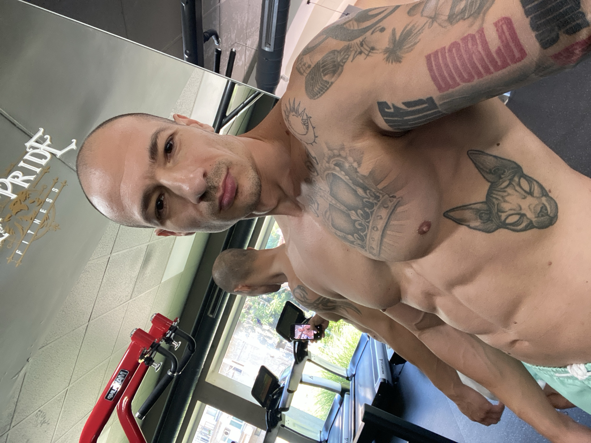 A bald, muscular man with several tattoos is taking a selfie in a gym. He is wearing light blue shorts. The gym appears to be modern, with treadmills visible in the background. A large mirror reflects the man and the gym equipment. A sign with the words "PRIDE FITNESS" is visible in the mirror. The man is holding a smartphone in his left hand, which is also reflecting in the mirror, showing another image on its screen. The man has a stern expression on his face. The lighting is bright, suggesting it is daytime. The overall impression is one of a person working out or posing in a gym environment. There is no information to suggest this location is in the city of Pleven, Bulgaria.