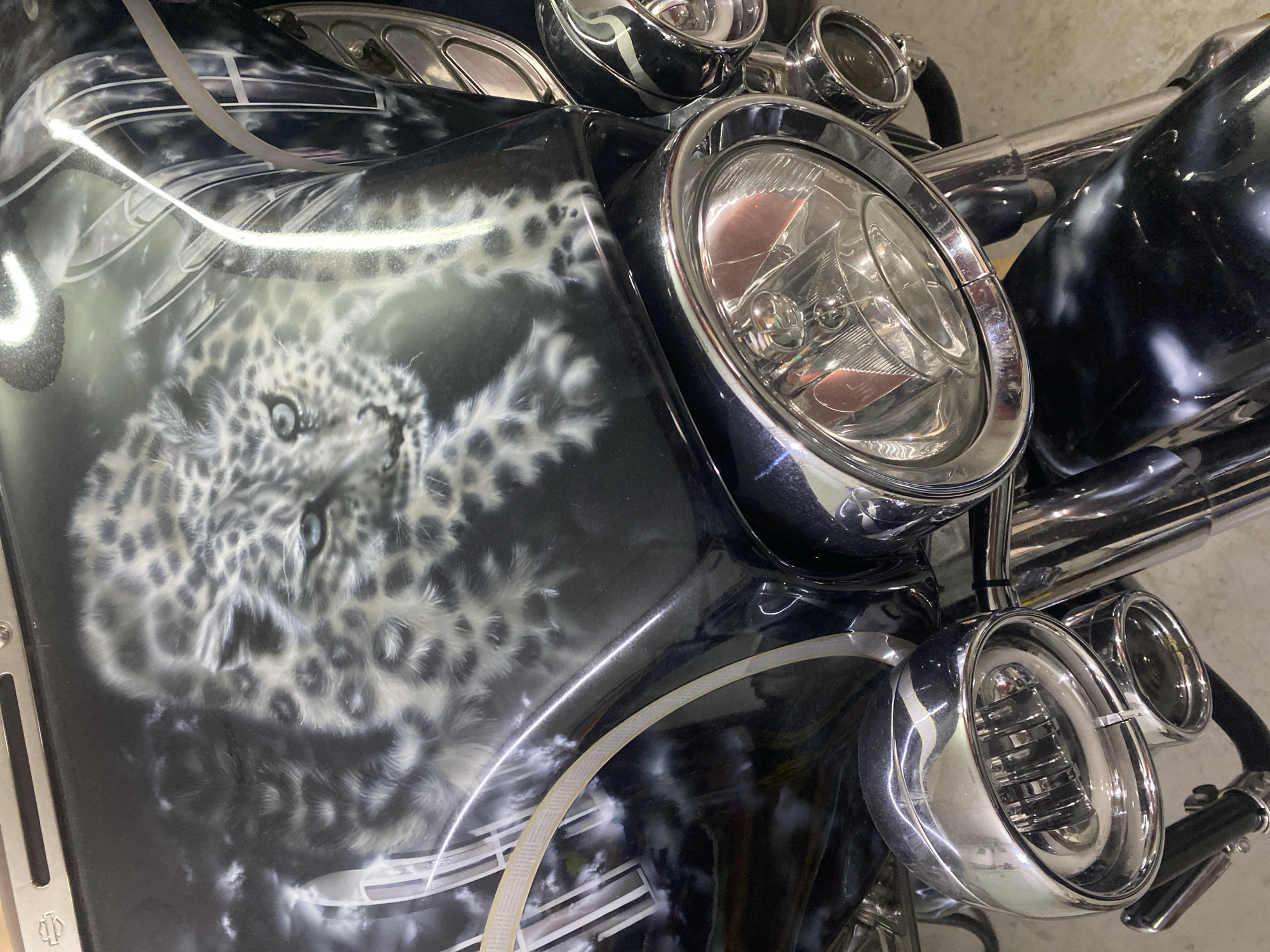 Close-up of the front of a motorcycle with custom paintwork featuring a snow leopard design on the black fairing. The motorcycle has chrome headlights and auxiliary lights. The location is unspecified, and there is no information suggesting it is in Chaikovsky, Russia. No people are visible.