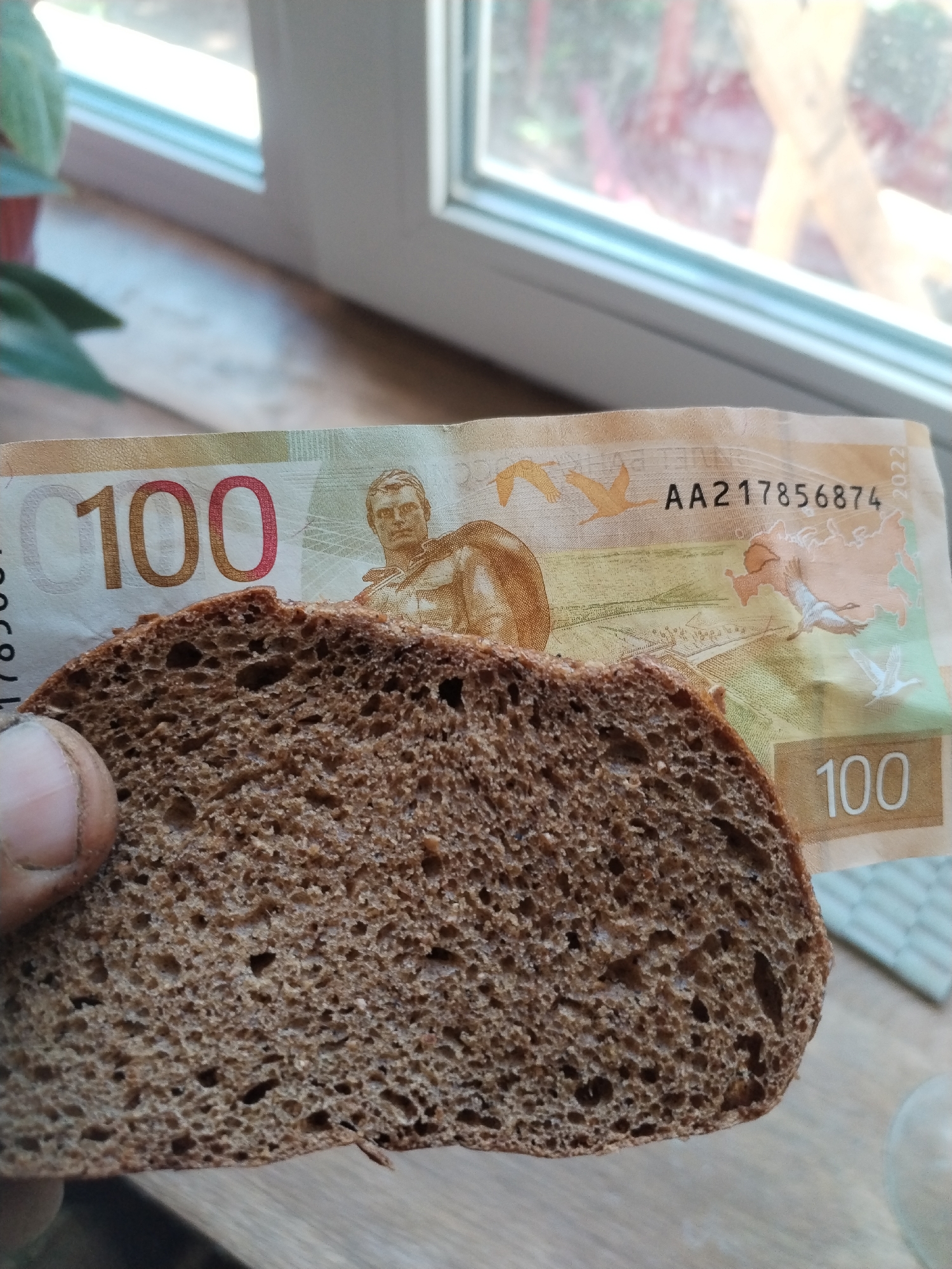 A close-up, eye-level, medium shot shows a slice of dark bread held in front of a Belarusian 100 ruble banknote. The bread is positioned so that a thumb and forefinger are visible holding it from the left side. The banknote features a man's portrait on the left and images of cranes and a landscape on the right. The number "100" is prominently displayed in red on the left side of the banknote, and again in a gold box on the right. The date "2022" is visible on the right edge of the banknote. The background shows a blurred view of a window with sunlight streaming through, suggesting an indoor setting near a window. The scene is well-lit, with the focus sharp on the bread and banknote.