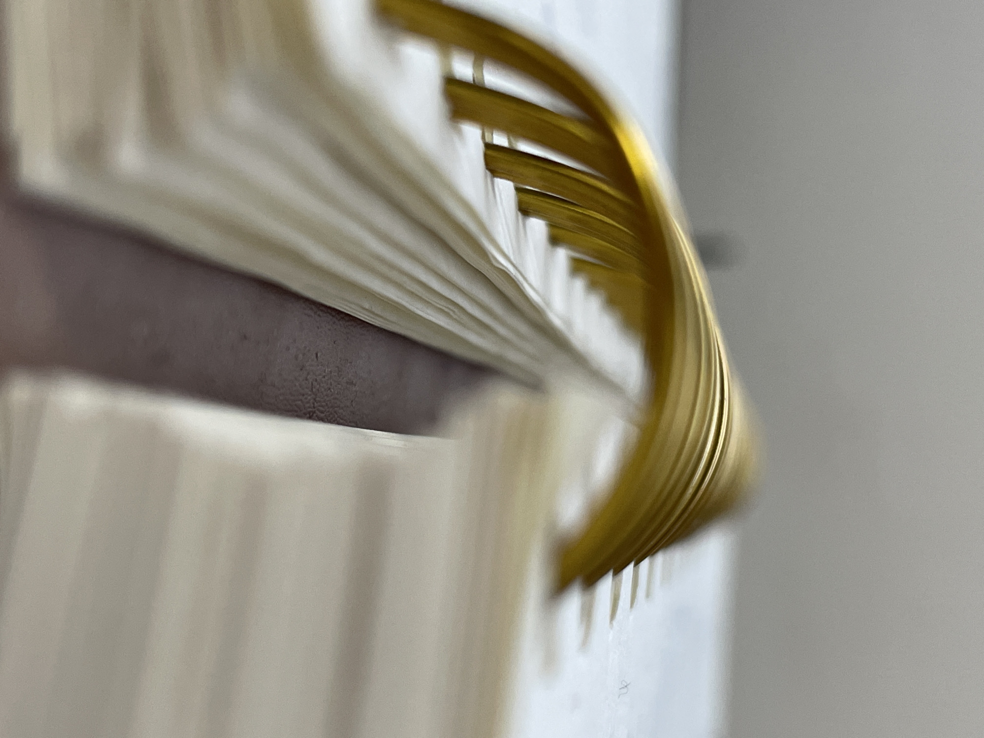The scene is situated in Izhevsk, Russia, and presents an extreme close-up of a spiral-bound notebook, viewed from a low angle. The central subject is a metallic, gold-colored spiral binding running horizontally through the upper-middle portion of the frame. This binding is composed of numerous distinct loops, sharply defined and reflecting light. Directly beneath and integrated with the binding are stacks of cream-colored or off-white paper pages, visible along their edges and also in sharp focus. To the right of the central spiral, a section of open pages extends, appearing as a blurred, lighter-toned rectangular mass. The background consists of an out-of-focus, uniform light grey surface. The foreground, beneath the notebook, is a darker, blurred surface, likely a table. No individuals, explicit actions, or direct interactions are present in the image. The lighting is soft and appears to originate from an overhead source, illuminating the reflective surface of the spiral.