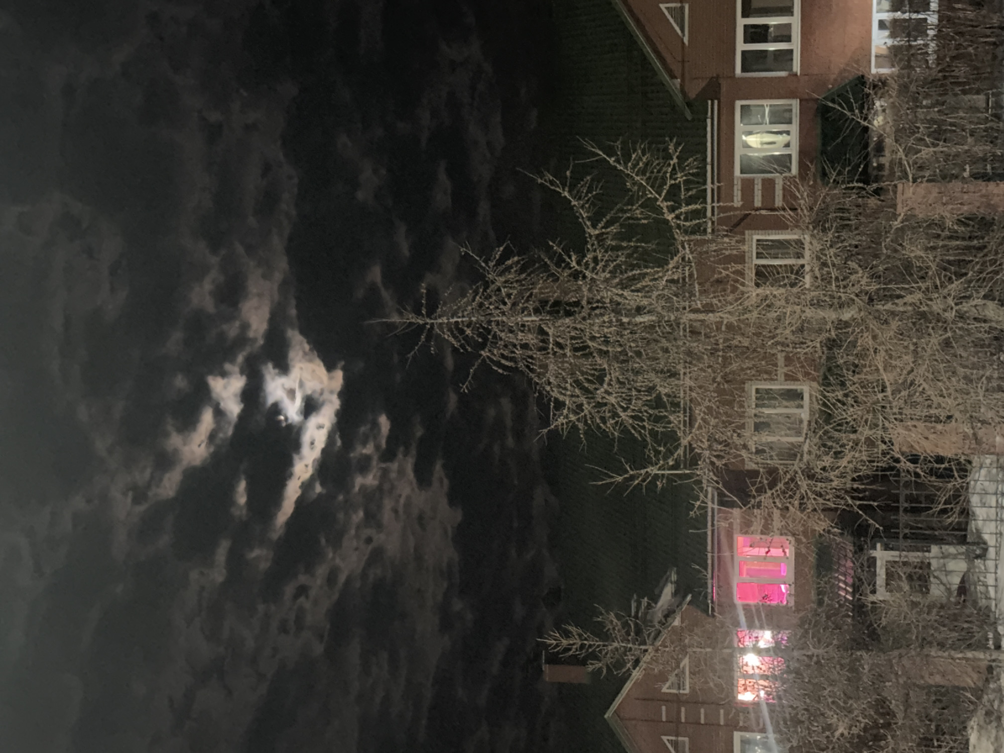 At night, a three-story brick building is viewed through a bare tree, against a backdrop of dark clouds partially obscuring a bright moon. Some windows are lit, including one with a pink glow. The building appears to be in Chaikovsky, Russia.