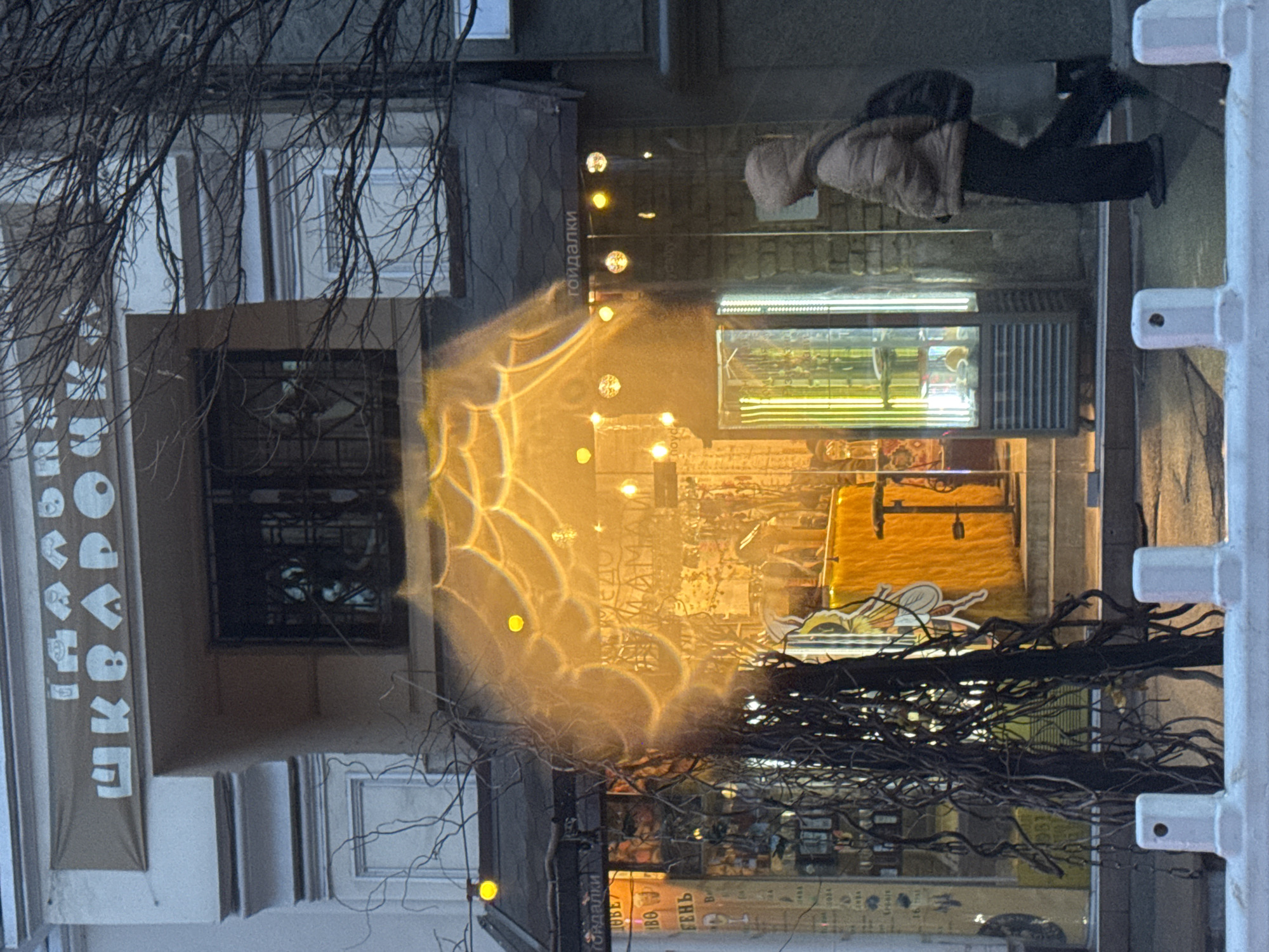 A building with a sign in Cyrillic text, "ШКАВЧІК," is on the left. The building's window reflects a person walking by. The reflection is of a person in a hooded jacket. A tree with bare branches is in front of the building. There are light fixtures along the building.