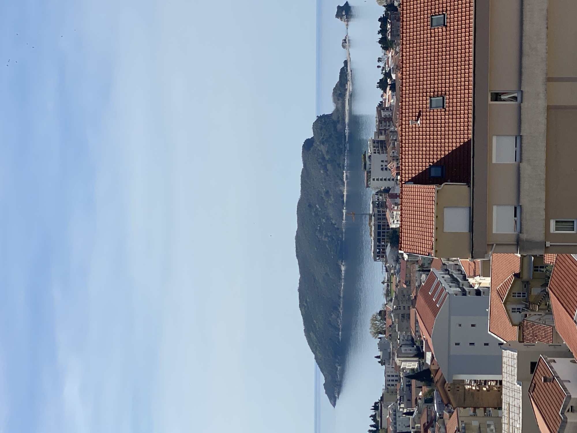A vertical wide shot showcases an aerial view of Budva, Montenegro, dominated by its coastal cityscape. A large, vegetated island bisects the frame horizontally, its reflection visible on the water. Buildings with red-tiled roofs are tightly packed along the coastline and extend inland, contrasting with the blue sky and sea. The image is taken from a high vantage point within the city itself, providing a comprehensive view of the town's layout.