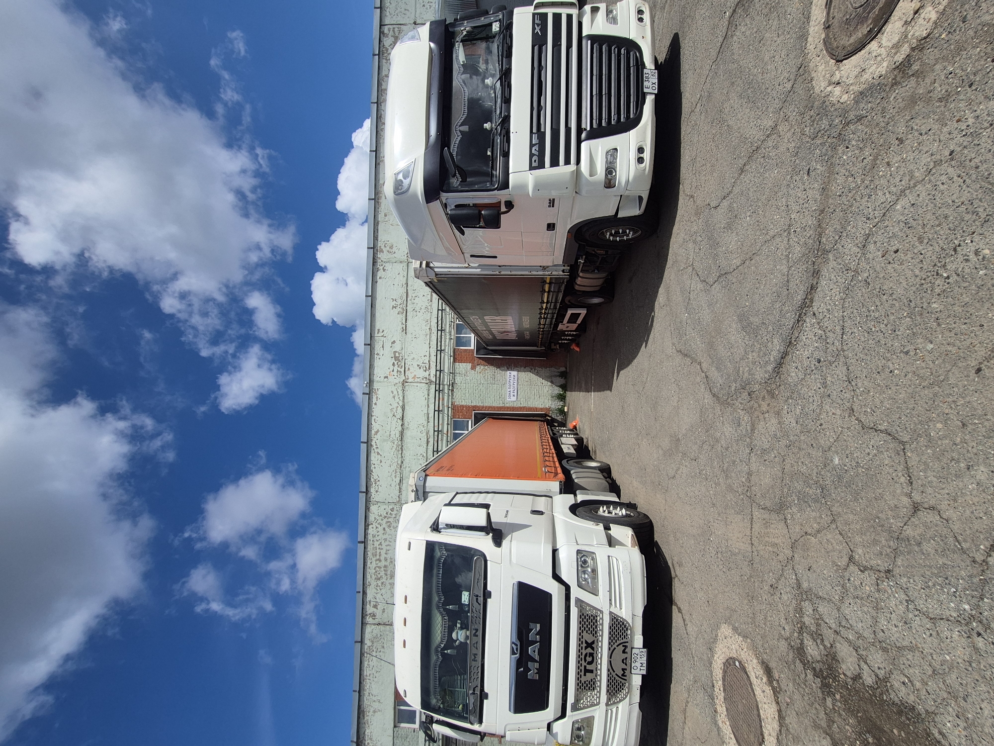 The image shows two semi-trucks parked side by side on an asphalt surface. The truck on the top is a white DAF, and the truck on the bottom is a white MAN TGX with an orange cargo container. Behind the trucks is a building with peeling paint. The sky is visible above the building and is blue with white clouds. The license plates on the trucks show that they are located in Russia. The MAN TGX truck has a license plate that reads "C 902 TM 159", and the DAF has a license plate that reads "E 383 OX 82". The sign on the wall reads "Зона погрузки и разгрузки".