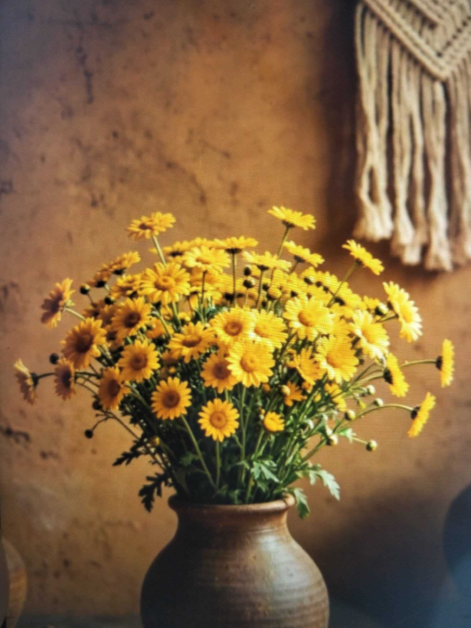 A still life arrangement features a bouquet of vibrant yellow daisies in a rustic brown ceramic vase. The vase sits on a surface that appears to be a tabletop, and behind it, a textured, warm brown wall serves as the backdrop. To the right of the daisies, a portion of a woven tapestry with cream-colored fringe hangs down the wall. The overall lighting suggests a warm, indoor setting. No people are present in the image. The location is identified as Payagaboh, Indonesia.