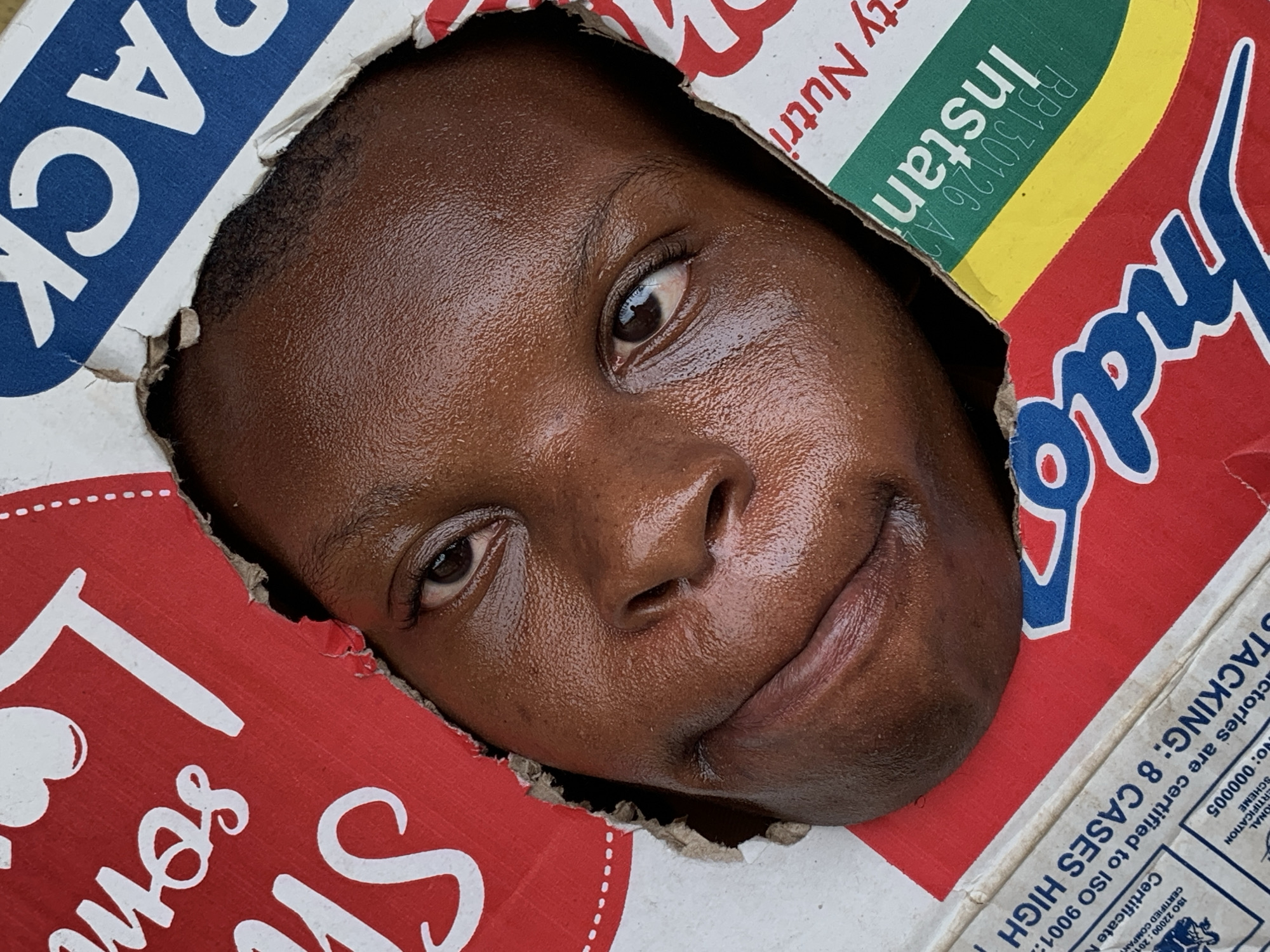 A close-up, high-angle shot features the face of a person, likely a child or young adult of African descent, peering through a torn, irregular opening in a cardboard box. The person has dark skin, short dark hair, and bright, observant eyes, with a subtle, playful smirk on their lips. The skin exhibits a noticeable sheen, possibly from sweat or oil, reflecting light.
The cardboard box, primarily red and white with segments of blue, green, and yellow, frames the face. Visible text on the box includes branding cues like "Indo" and "Instant," alongside a product code "BB130126 A2" and partial text "ty Nutri" (likely 'Nutritious'). These details suggest the packaging is for "Indomie Instant Noodles," a popular product in many regions, including Ikorodu, Nigeria. Other visible text fragments include "PACK" on a blue section and "som S" on a red section.
Industrial packaging details are also visible, such as "STACKING: 8 CASES HIGH," and certifications like "ctories are certified to ISO 9001." and "ISO 22000:201" (likely part of ISO 22000:2018), along with "Certificate N," "SCHEME," "VONAL," "ERTIFICATION," and the code "২০: 000005." The image conveys a sense of playful curiosity, with the person utilizing the packaging as a prop in what appears to be a lighthearted moment.