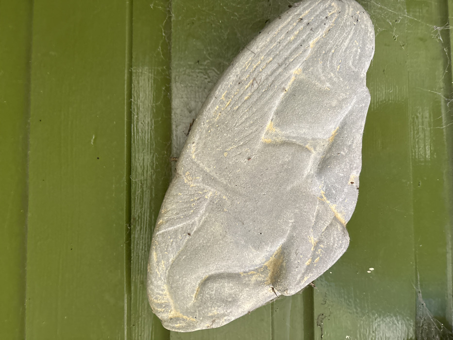The image displays a weathered, grey stone relief sculpture or plaque resting diagonally against a vertically oriented, olive-green wooden surface. The sculpture depicts a stylized avian or mythological creature, featuring a head and elongated neck on the left, a body, and a prominent, textured wing on the right with feather-like striations. Yellow-gold discoloration, possibly faded paint or lichen, is visible along the sculpture's contours and within the wing details. The background consists of horizontal wooden planks, painted olive-green, with a slight sheen. Extensive spiderwebs are present across both the sculpture and the wooden surface, particularly along the bottom and connecting the object to the background. Small specks of dirt and debris are visible. No people, subjects, actions, or interactions are depicted. The scene is located in Stiperstones, United Kingdom.