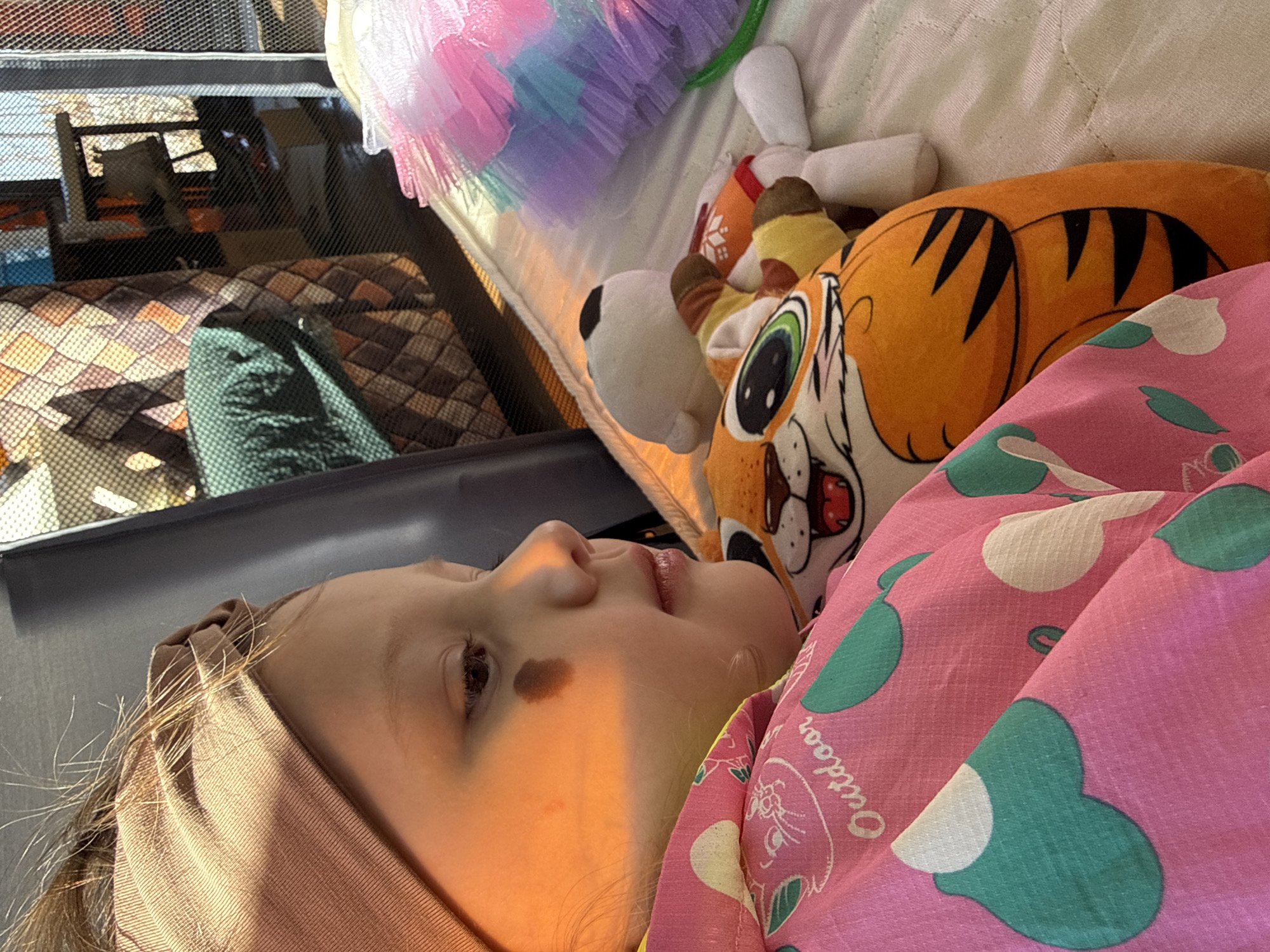 A child with a tan headband lies on a bed with a stuffed tiger and other plush toys. The child's face is partly illuminated by sunlight, revealing a birthmark near their eye. The bed is positioned near a window with a screen. The child is covered with a pink blanket with green and white designs. The location is Кипчак, Russia.