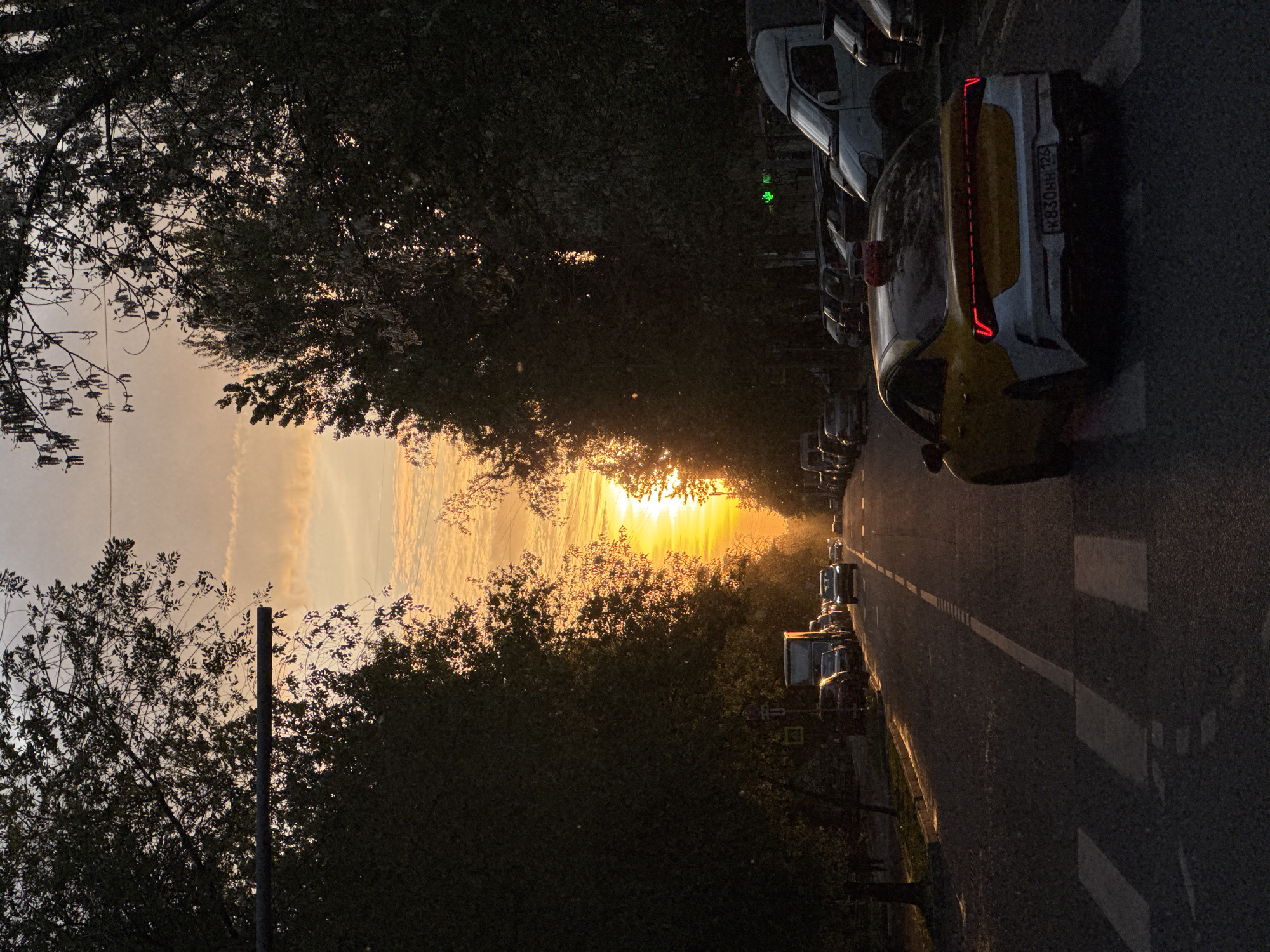 The image captures a street scene in Moscow, Russia, during the golden hour, likely sunset, with the low sun casting an intense, warm glow down a tree-lined road. The sun's position at the far end of the street creates strong backlighting, silhouetting the dense foliage of trees that line both sides of the road.
The asphalt road appears somewhat reflective, possibly wet, and features clear white markings including a solid center line, dashed lines, and parts of a pedestrian crossing in the foreground. Several vehicles are parked along the right side of the road. Most cars are dark and indistinct due to the backlighting, but a prominent yellow and white car, appearing to be a taxi, is visible closer to the foreground. Its taillights are subtly illuminated, and the Russian license plate "X830HH 193" is clearly identifiable on its rear. Further down the street, a faint green traffic light is visible between the trees on the right. No people are present in the scene. The overall atmosphere is tranquil and dramatic, highlighted by the rich natural light.