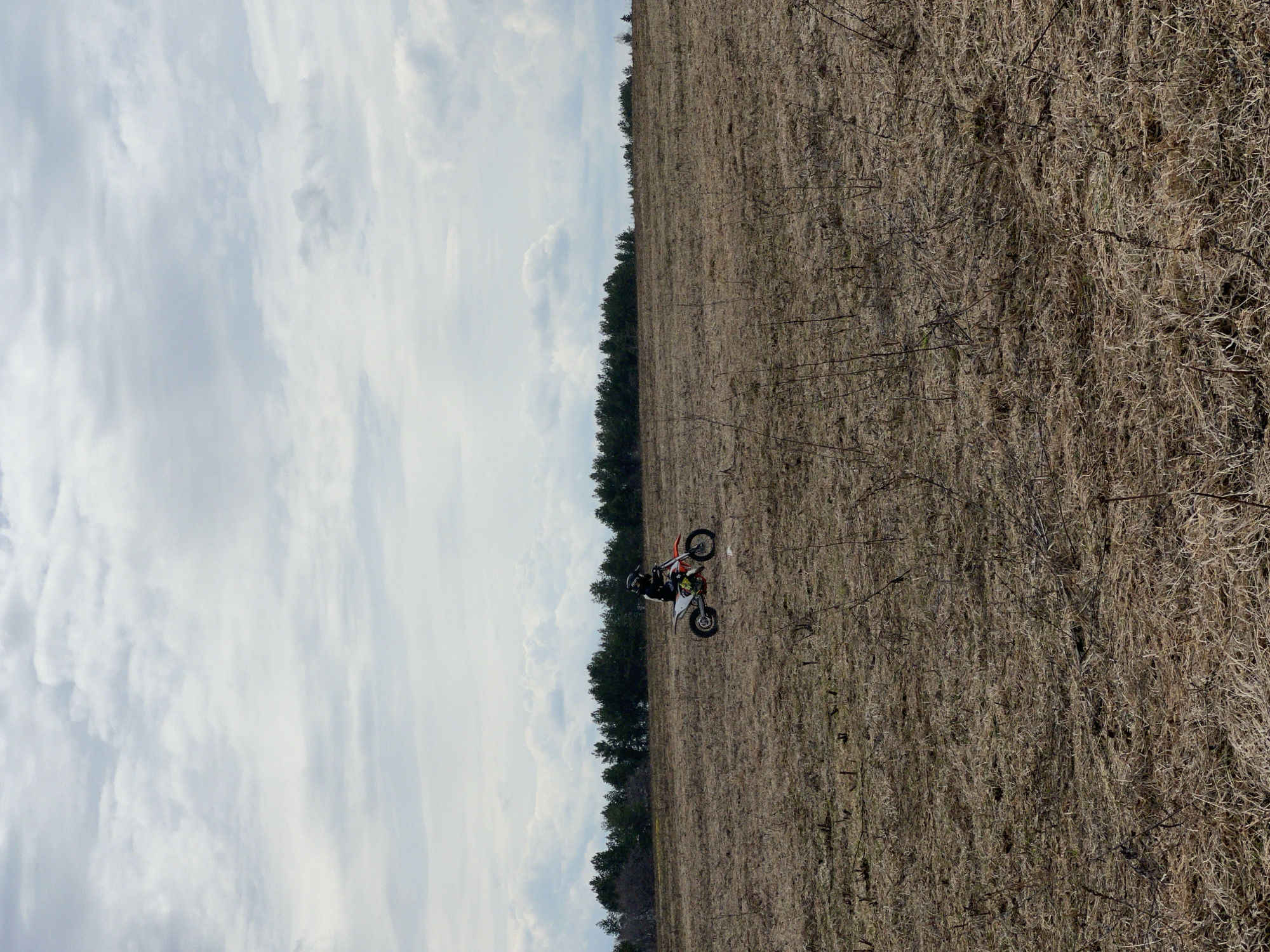 The image shows a landscape divided roughly diagonally. The upper right section depicts a field of dry, brown grass. Small, dark trees line the division between the field and the cloudy sky in the lower left portion. A dirt bike with a rider is in the field. Location is Kamskoe, Russia.