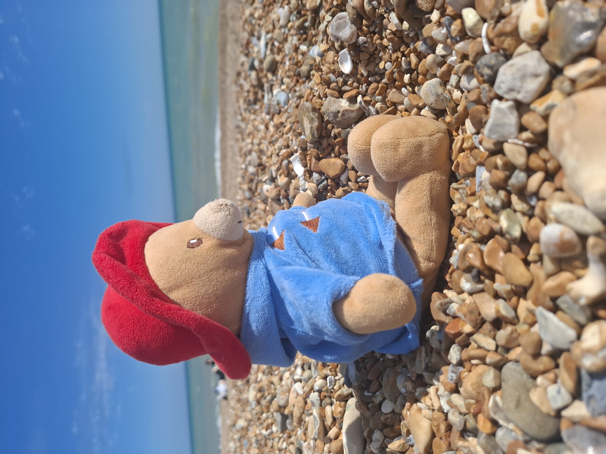 A stuffed Paddington Bear wearing a red hat and blue hooded jacket sits on a pebble beach. The bear faces to the right, with its left arm resting on its leg. The background shows the sea and a clear blue sky with a few scattered white clouds. There are indistinct figures of people further down the beach in the distance. The scene is lit by bright sunlight. The location is St Leonards-on-Sea, East Sussex, United Kingdom.