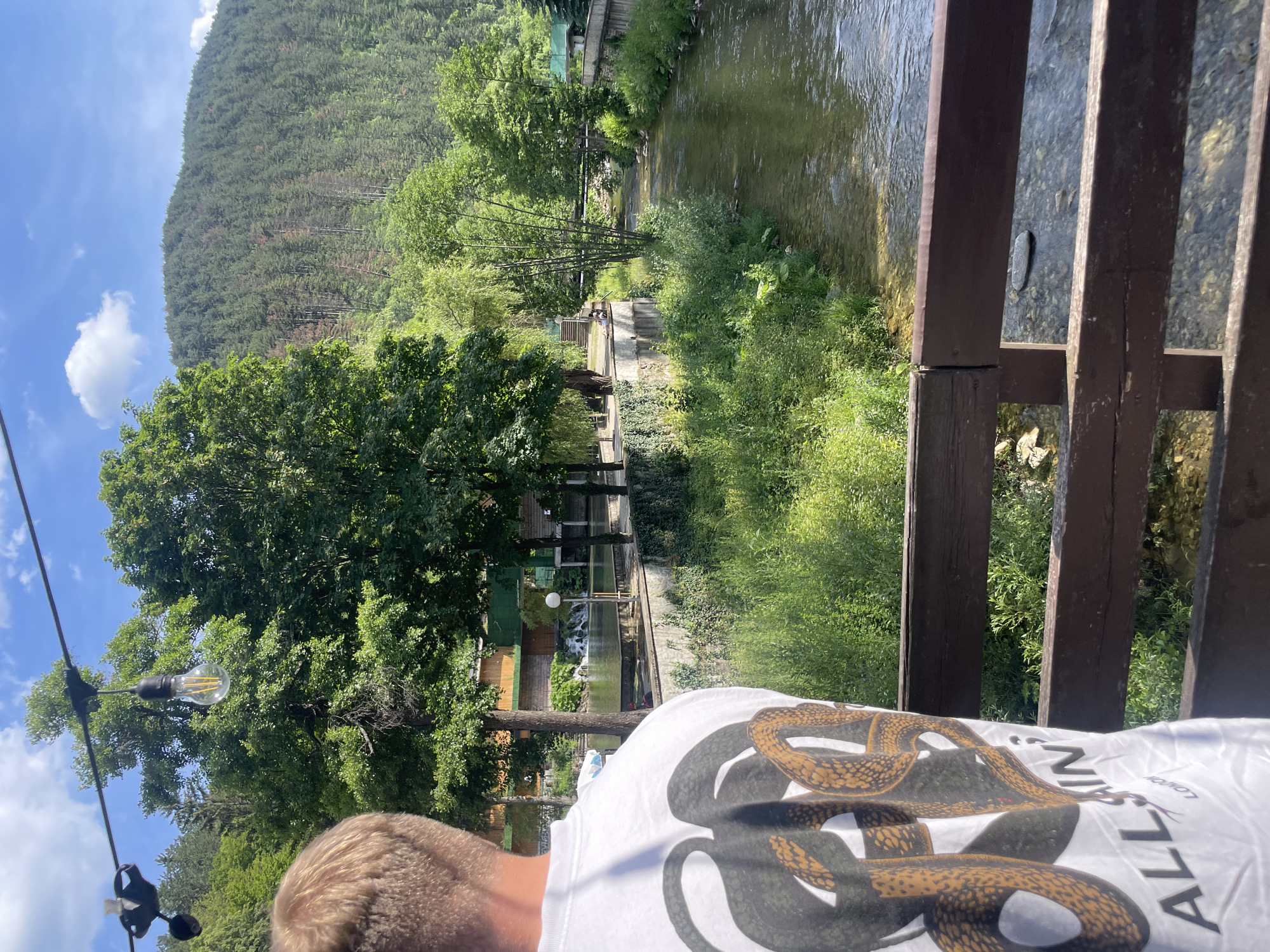An over-the-shoulder shot shows a person wearing a white t-shirt with a snake graphic and "ALL SAINTS LONDON" printed on the back. They are standing on a wooden deck, looking out at a scenic view of a river flowing through a lush green landscape. In the background, there are trees, buildings, and a forested hill under a bright blue sky with scattered clouds. A string of lights with an exposed bulb hangs above the person's head.