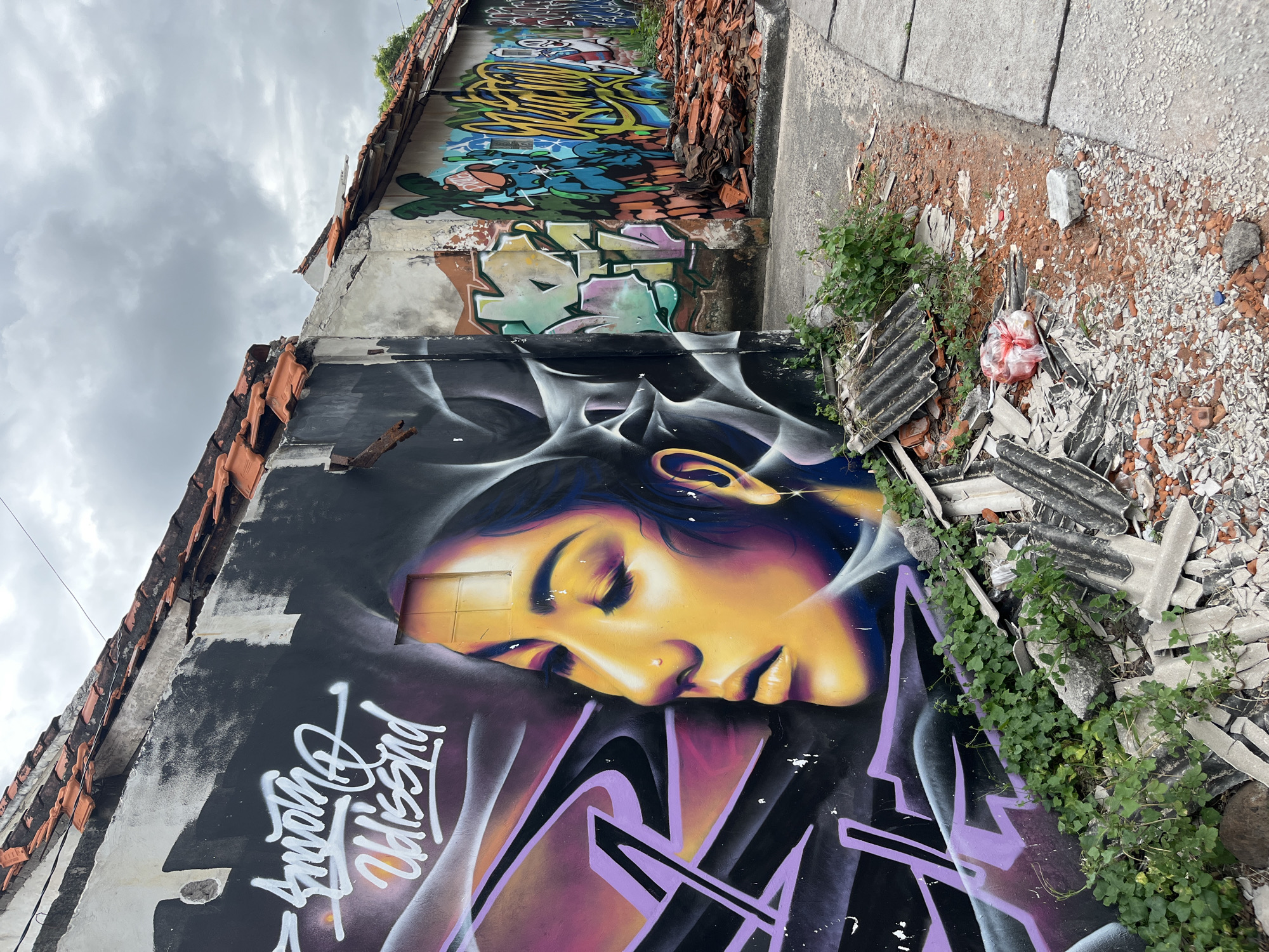 The image depicts a section of an urban environment in Kuta Selatan, Indonesia, characterized by a dilapidated building covered in graffiti. The building's walls are adorned with large, colorful spray-painted murals. Prominently featured on the left wall is a large, detailed portrait of a woman's face, rendered in shades of yellow, purple, and black. Above and to the left of the portrait, white graffiti lettering is visible. The building's roof is partially collapsed, with terracotta tiles scattered and a section of corrugated roofing material visible. The foreground and right side of the image show a pathway littered with debris, including broken bricks, roofing fragments, and a plastic bag containing red and white items. Green vegetation is growing amidst the rubble and along the base of the building. The sky is overcast, contributing to a muted lighting condition. The scene suggests an area undergoing decay or neglect, with street art as a dominant visual element.