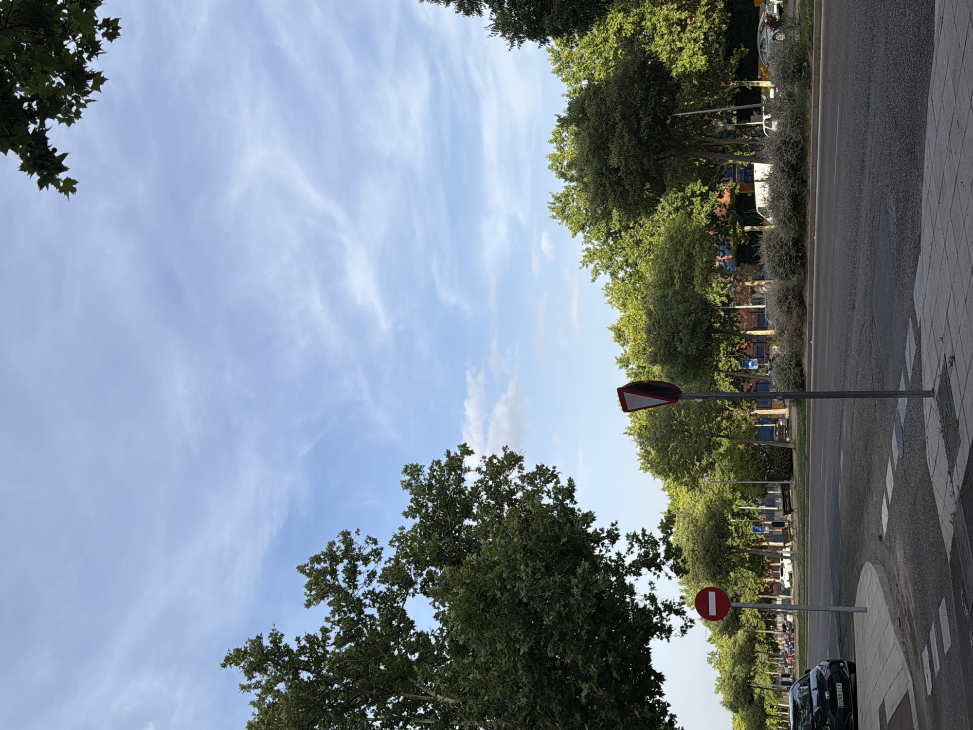This is a vertical, eye-level, medium shot of a street scene with a bright sky and lush green trees lining the road. The sky is a pale blue with thin, wispy white clouds. The trees are full and leafy, creating a canopy effect along one side of the street.
The road itself is paved and appears to be a two-lane street with a sidewalk on the right side. There is a pedestrian crossing marked with white stripes on the road, leading to the sidewalk. The sidewalk is made of light-colored paving stones.
Two traffic signs are visible. The upper sign is a red and white triangular warning sign. Below it, a round red sign with a white horizontal bar indicates "no entry" or a prohibition. A dark colored car is parked on the sidewalk. In the background, several other cars and vans are parked or driving along the street, and buildings with blue and orange accents are visible behind the trees.
The time of day appears to be daytime, likely late morning or early afternoon, given the brightness of the sky and the shadows cast by the trees. The weather seems pleasant and sunny. The overall impression is a peaceful urban or suburban street on a clear day. There is no visible text in the image, other than the license plate of the parked car, which reads "0288 LLY".