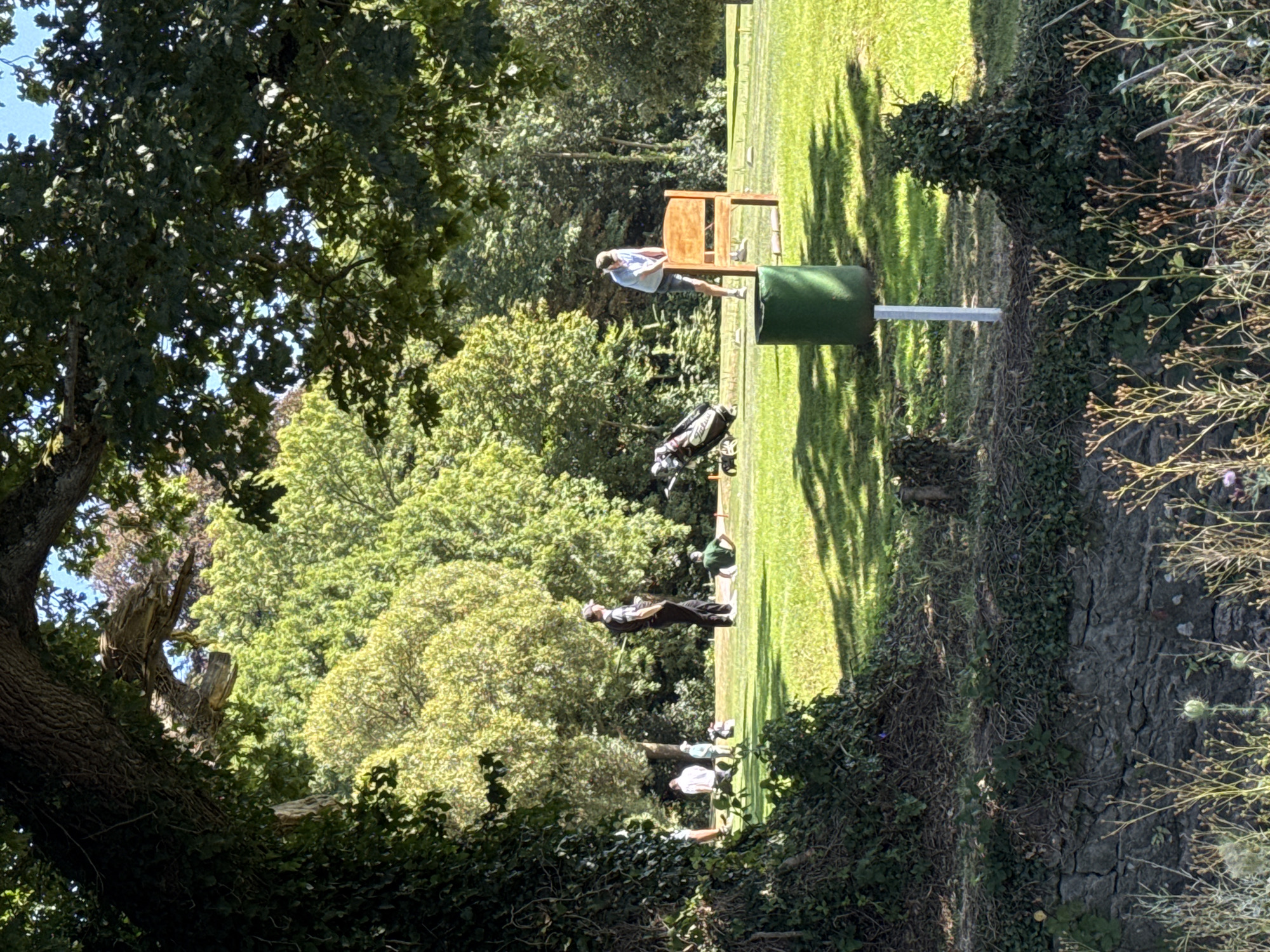 The image depicts a sunny day on a golf course, likely located in Cahir, Ireland, given the presence of lush greenery and mature trees. In the foreground, the scene is partially obscured by the foliage of a large tree. The middle ground showcases a well-maintained lawn where several individuals are engaged in golfing activities. One person in the foreground, wearing a light blue shirt and dark shorts, is about to strike a golf ball, with a wooden bench positioned behind him. Another individual, in a dark vest and cap, stands on the right side of the frame, seemingly observing or waiting. A golf bag is visible next to him, and a green bin is situated closer to the viewer. In the background, more trees and other golfers can be seen, suggesting a recreational day. The overall ambiance is peaceful and leisurely.