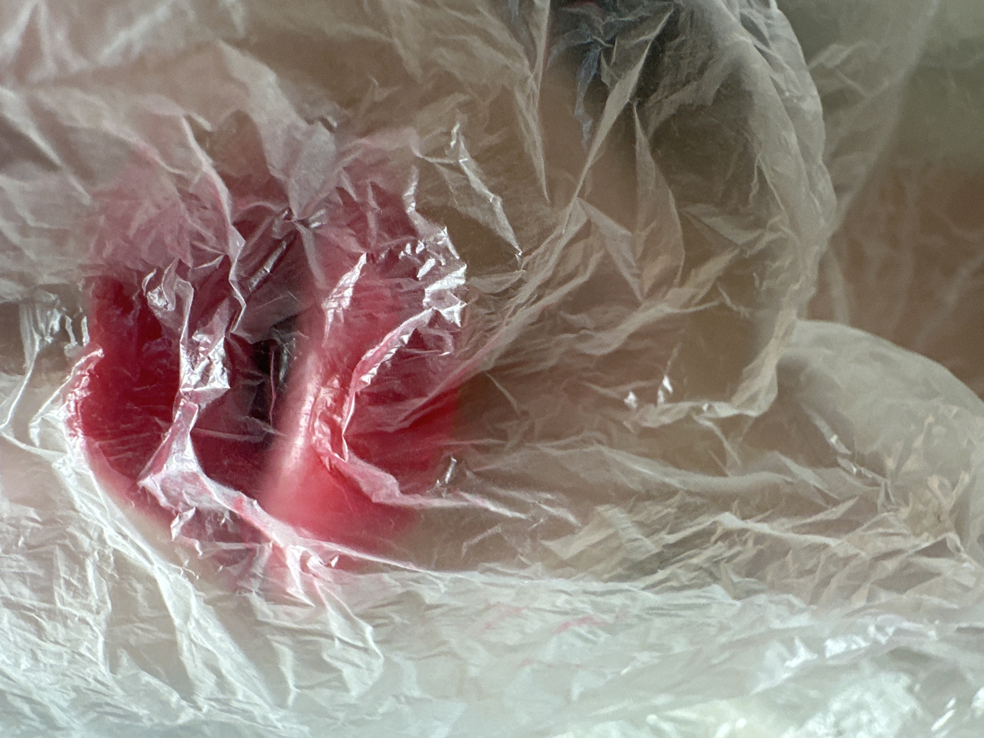 The image shows a face covered with translucent plastic. The face is partially visible through the plastic, with a red mouth and parts of the skin discernible. The plastic is wrinkled and crumpled, obscuring and distorting the face underneath. The background is blurry and indistinct. There is no indication in the image that would allow for location in Votkinsk, Russia.